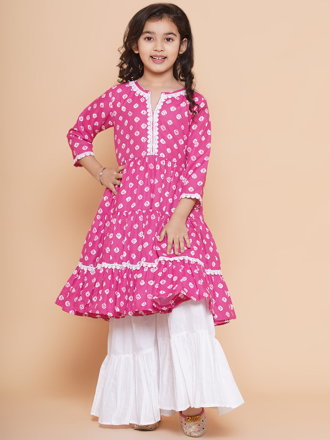 Bitiya By Bhama Girls Pink Bandhani Printed With Cotton Flower Lace Kurta With Sharara