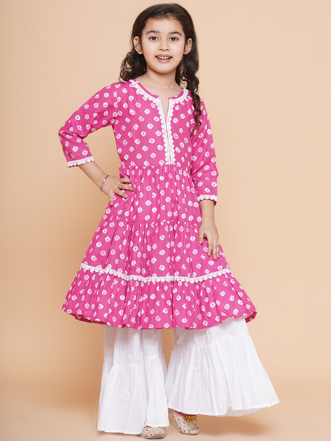 Bitiya By Bhama Girls Pink Bandhani Printed With Cotton Flower Lace Kurta With Sharara