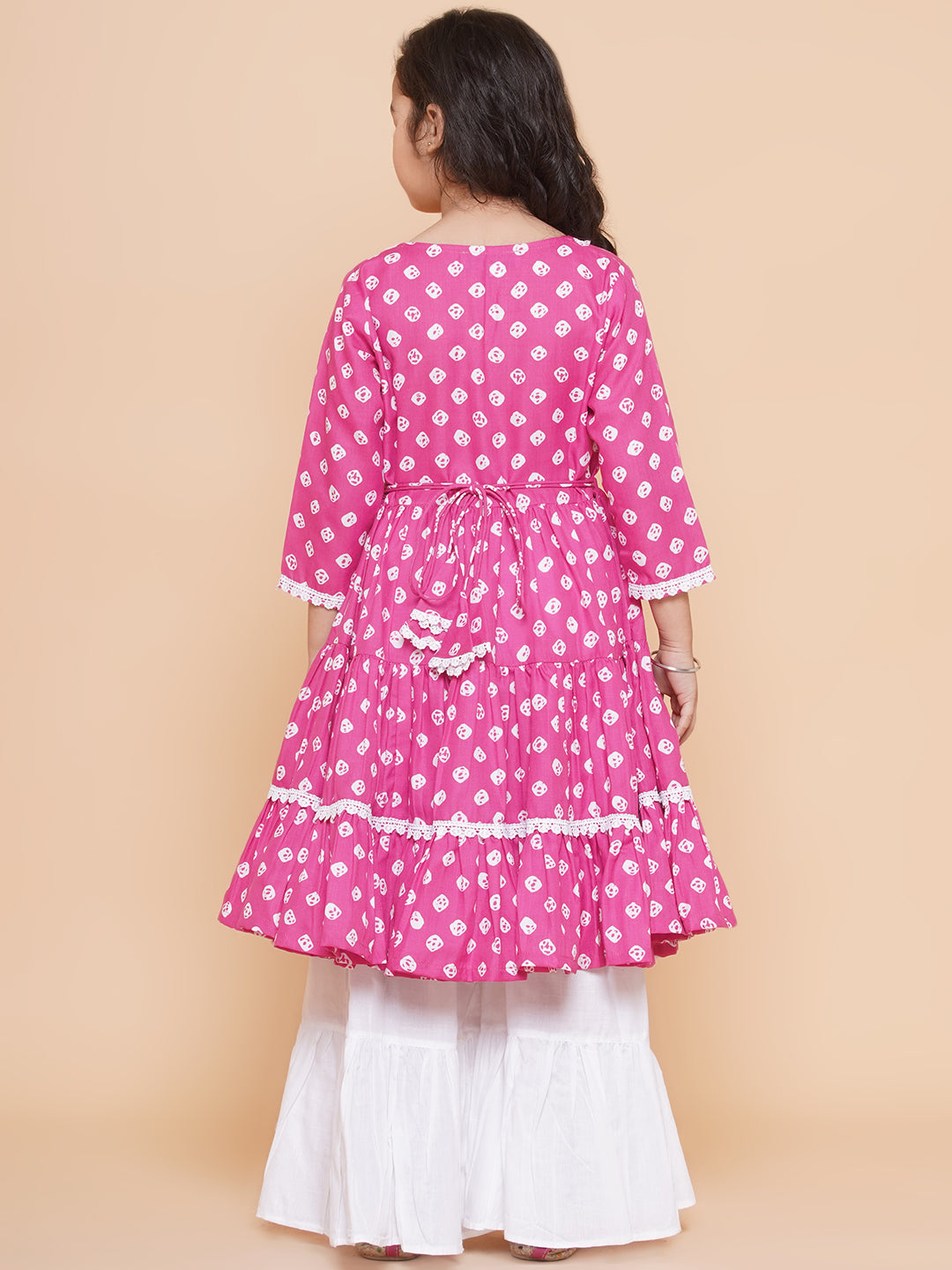 Bitiya By Bhama Girls Pink Bandhani Printed With Cotton Flower Lace Kurta With Sharara