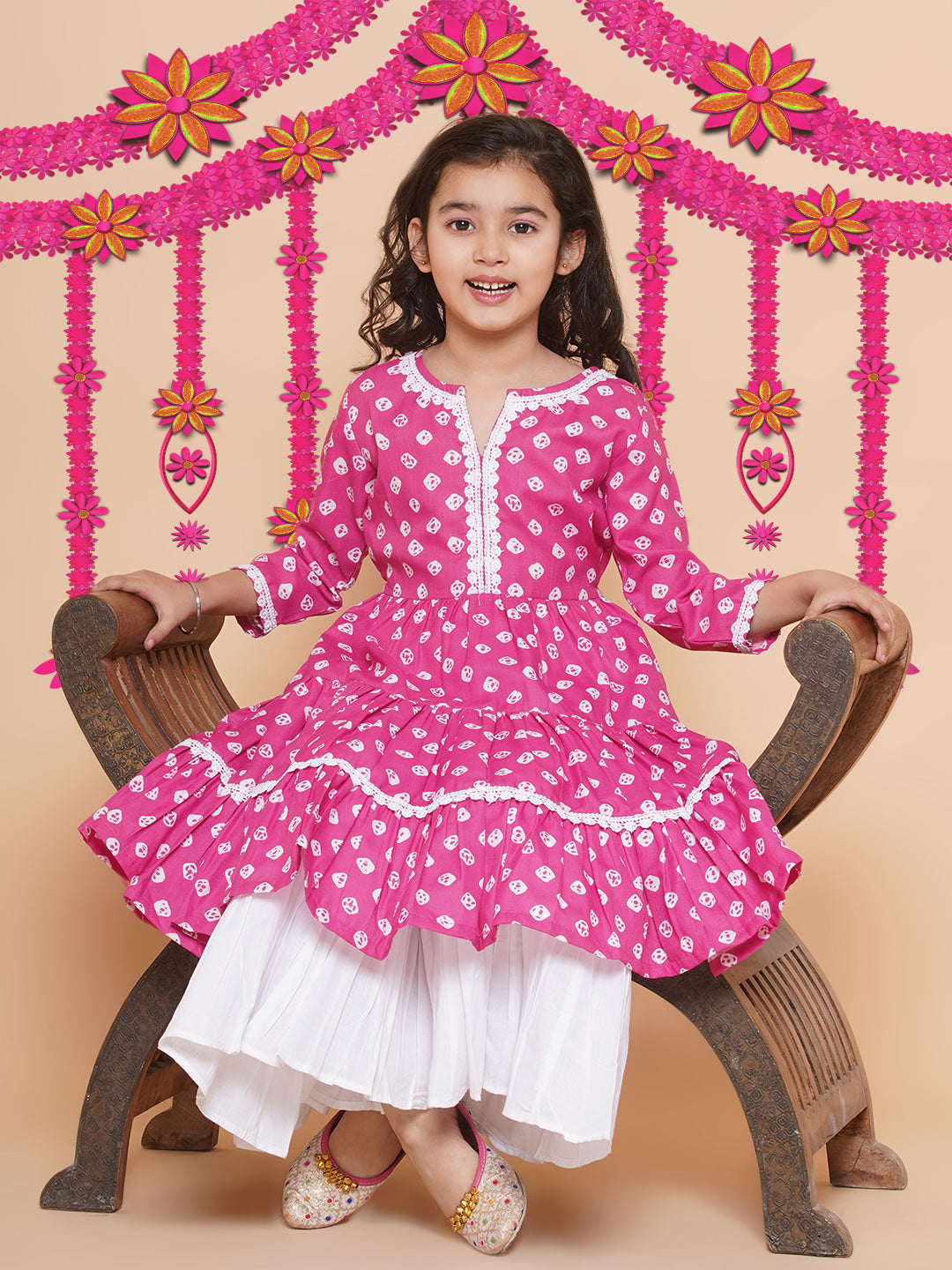 Bitiya By Bhama Girls Pink Bandhani Printed With Cotton Flower Lace Kurta With Sharara