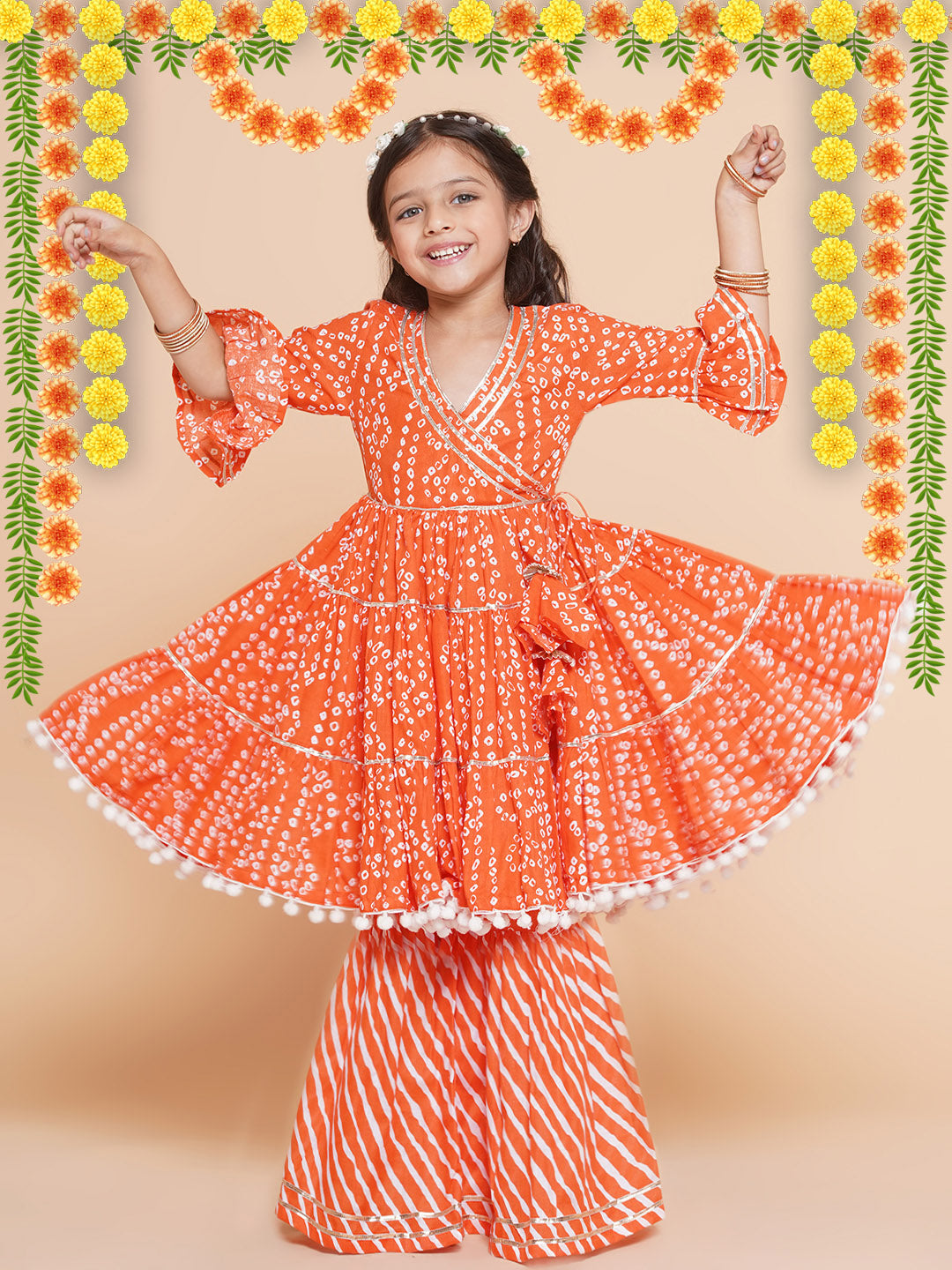 Bitiya By Bhama Girls Orange Bandhani Printed With Gotta Patti Lace Kurta With Sharara