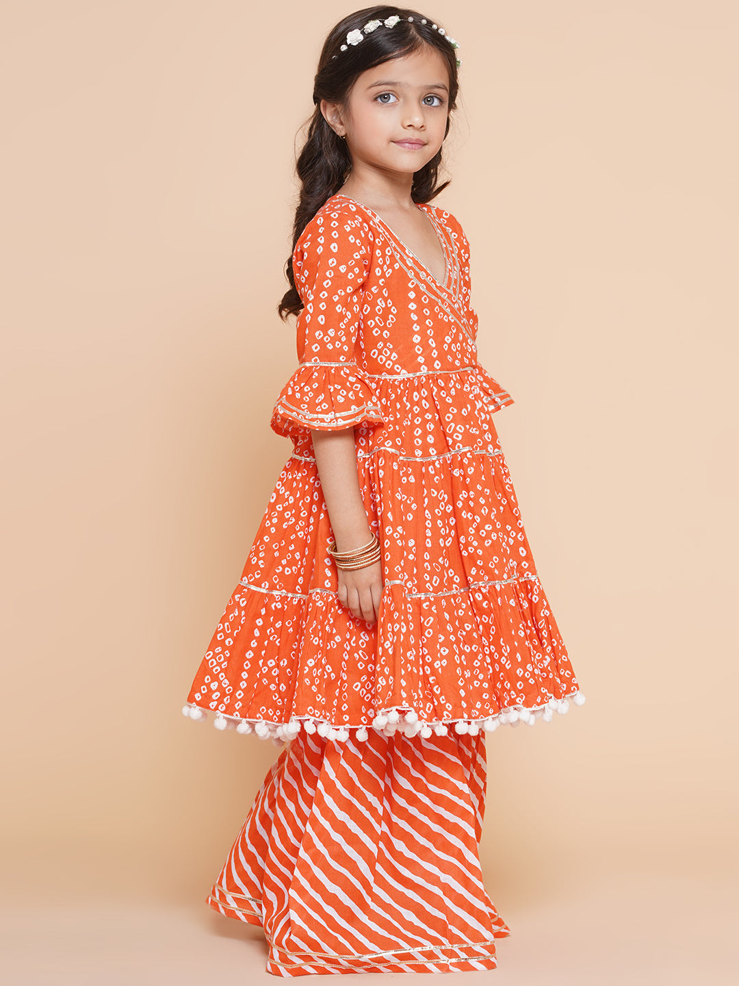 Bitiya By Bhama Girls Orange Bandhani Printed With Gotta Patti Lace Kurta With Sharara