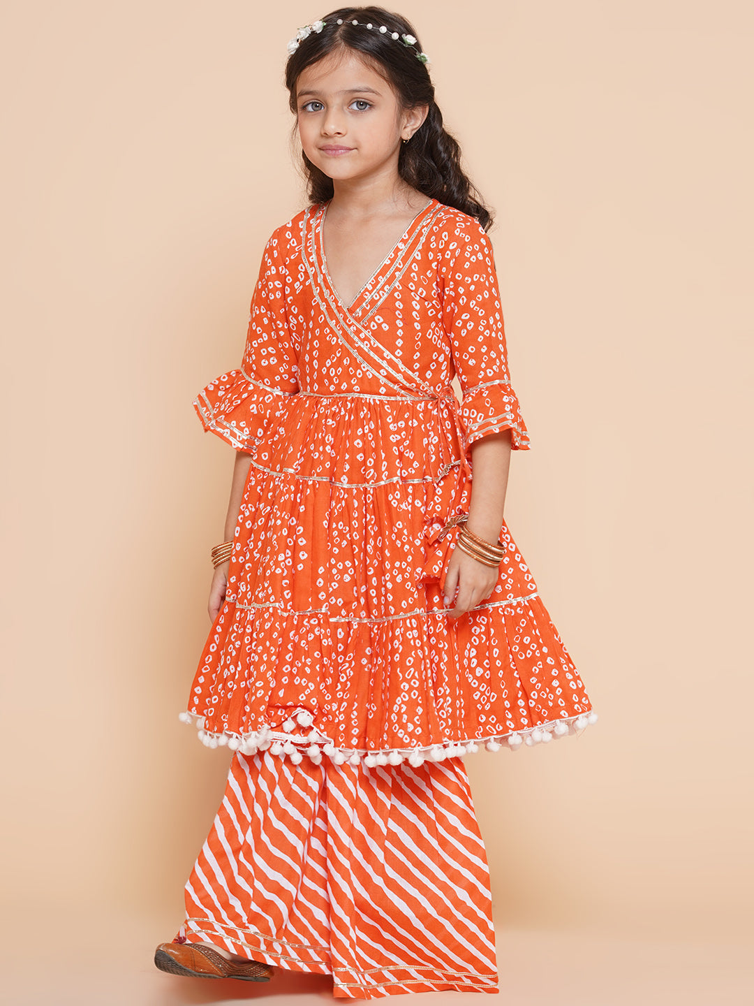 Bitiya By Bhama Girls Orange Bandhani Printed With Gotta Patti Lace Kurta With Sharara