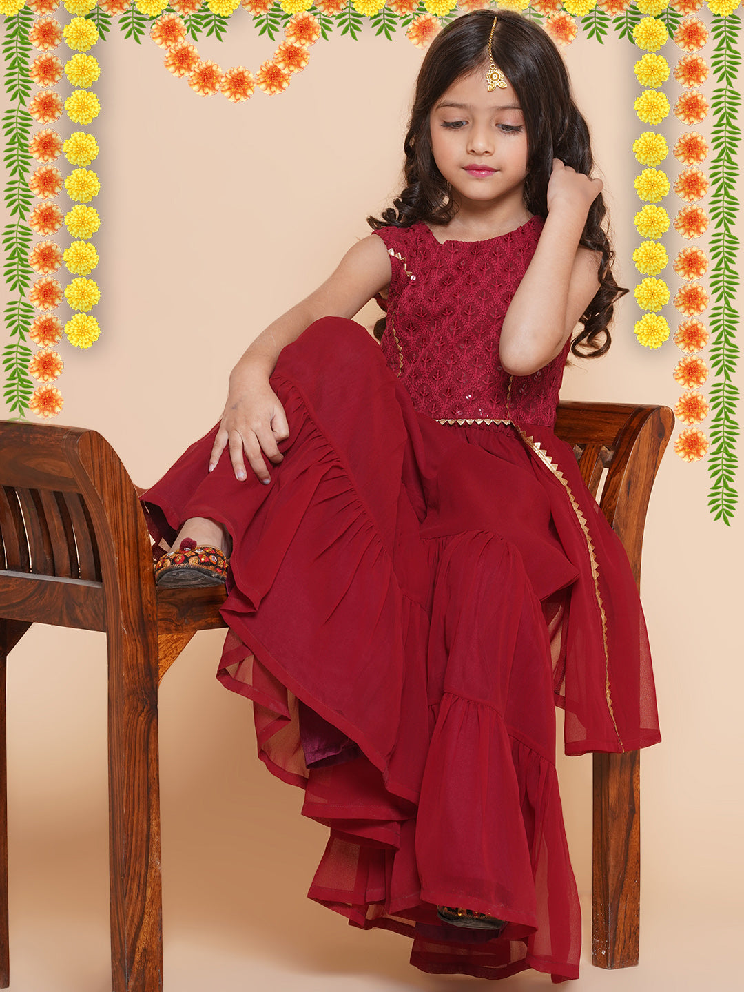 Bitiya By Bhama Girls Burgandy Self Design Poly Georgette Straight Kurta With Sharara
