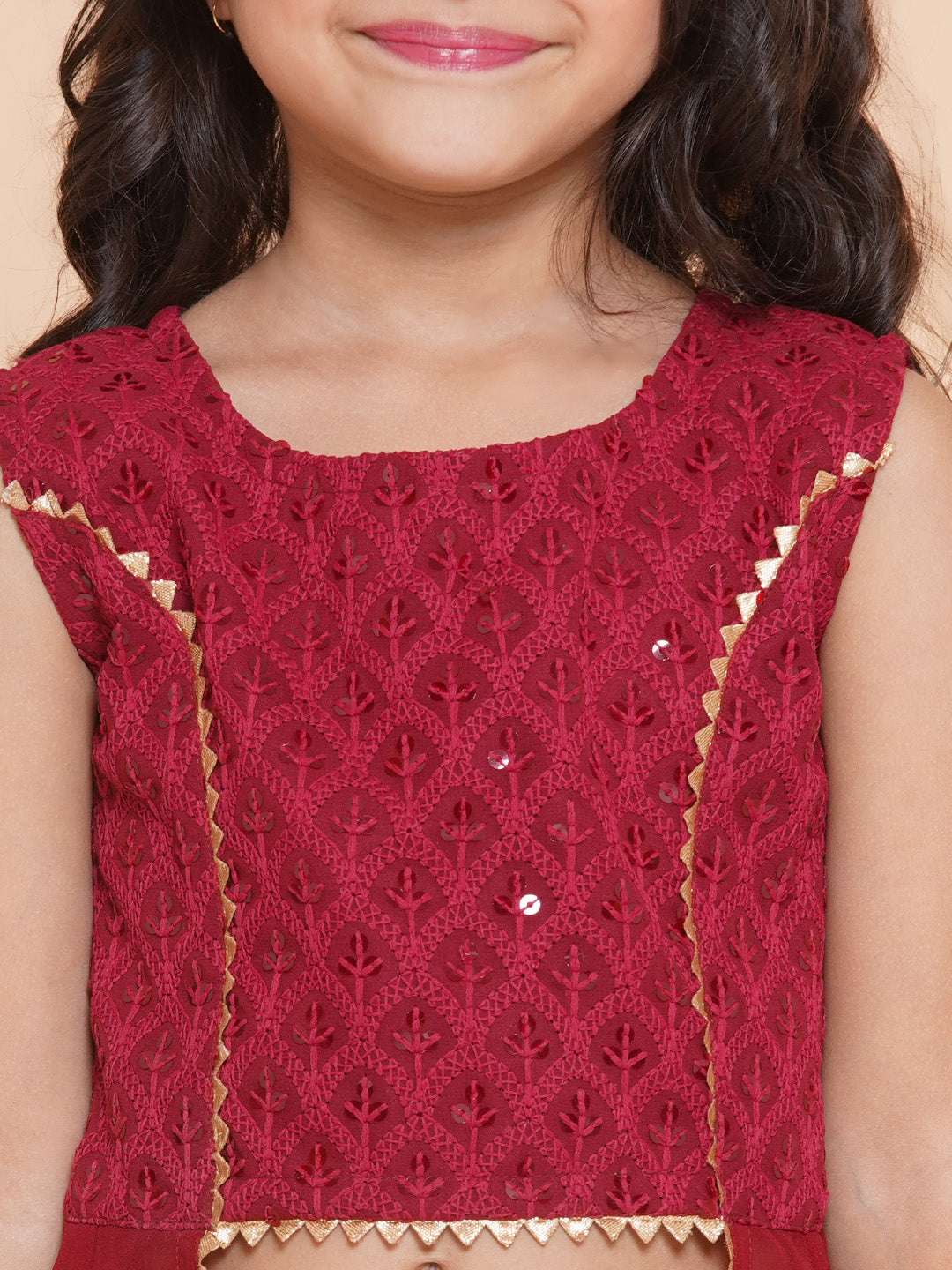 Bitiya By Bhama Girls Burgandy Self Design Poly Georgette Straight Kurta With Sharara