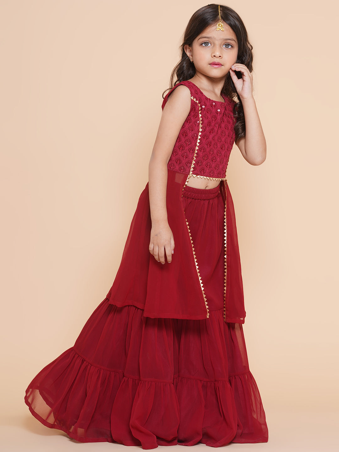 Bitiya By Bhama Girls Burgandy Self Design Poly Georgette Straight Kurta With Sharara
