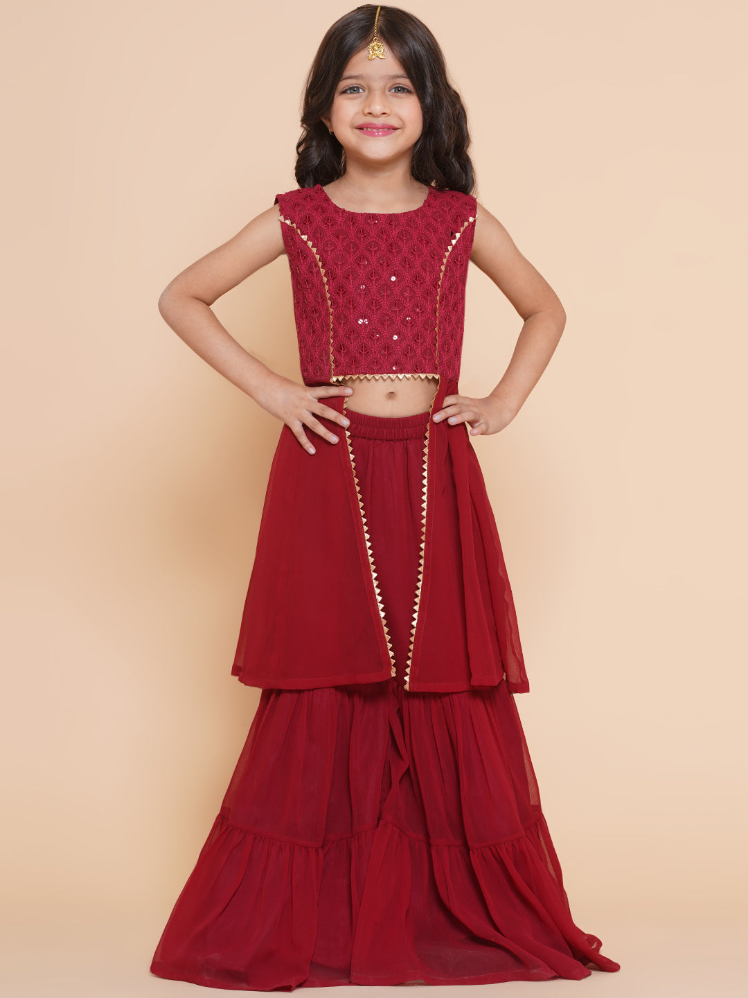 Bitiya By Bhama Girls Burgandy Self Design Poly Georgette Straight Kurta With Sharara