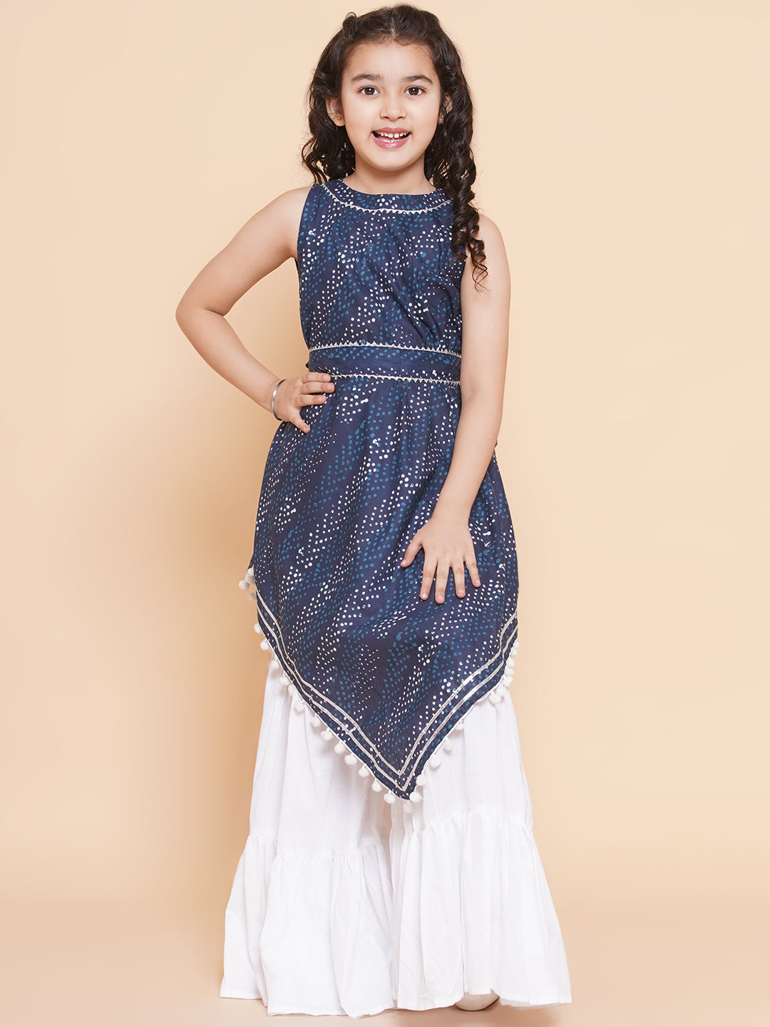Bitiya By Bhama Girls Navy Blue Printed With Lace Handkerchief Style Kurta With Sharara