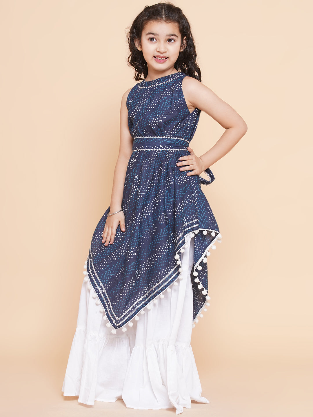 Bitiya By Bhama Girls Navy Blue Printed With Lace Handkerchief Style Kurta With Sharara