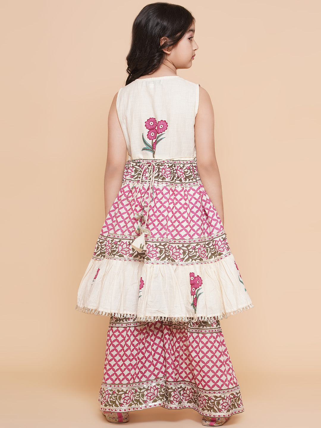Bitiya by Bhama Girls Pink & White Floral Printed Kurta With Sharara