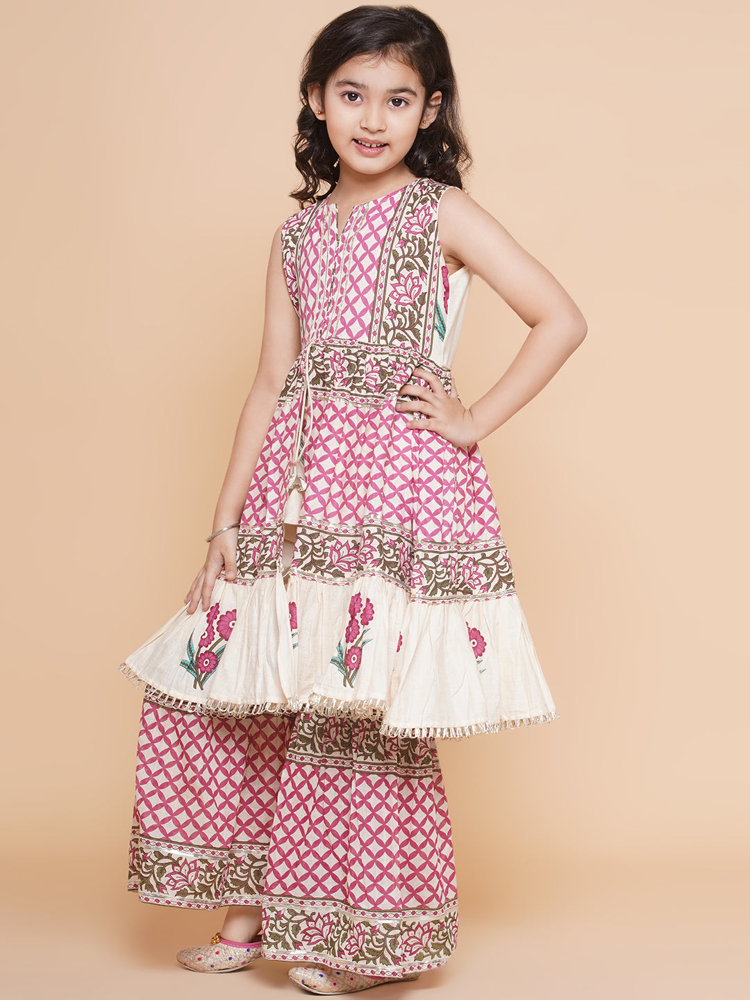 Bitiya by Bhama Girls Pink & White Floral Printed Kurta With Sharara