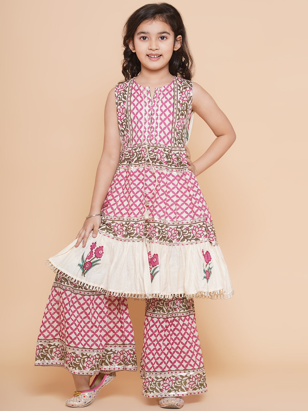Bitiya by Bhama Girls Pink & White Floral Printed Kurta With Sharara