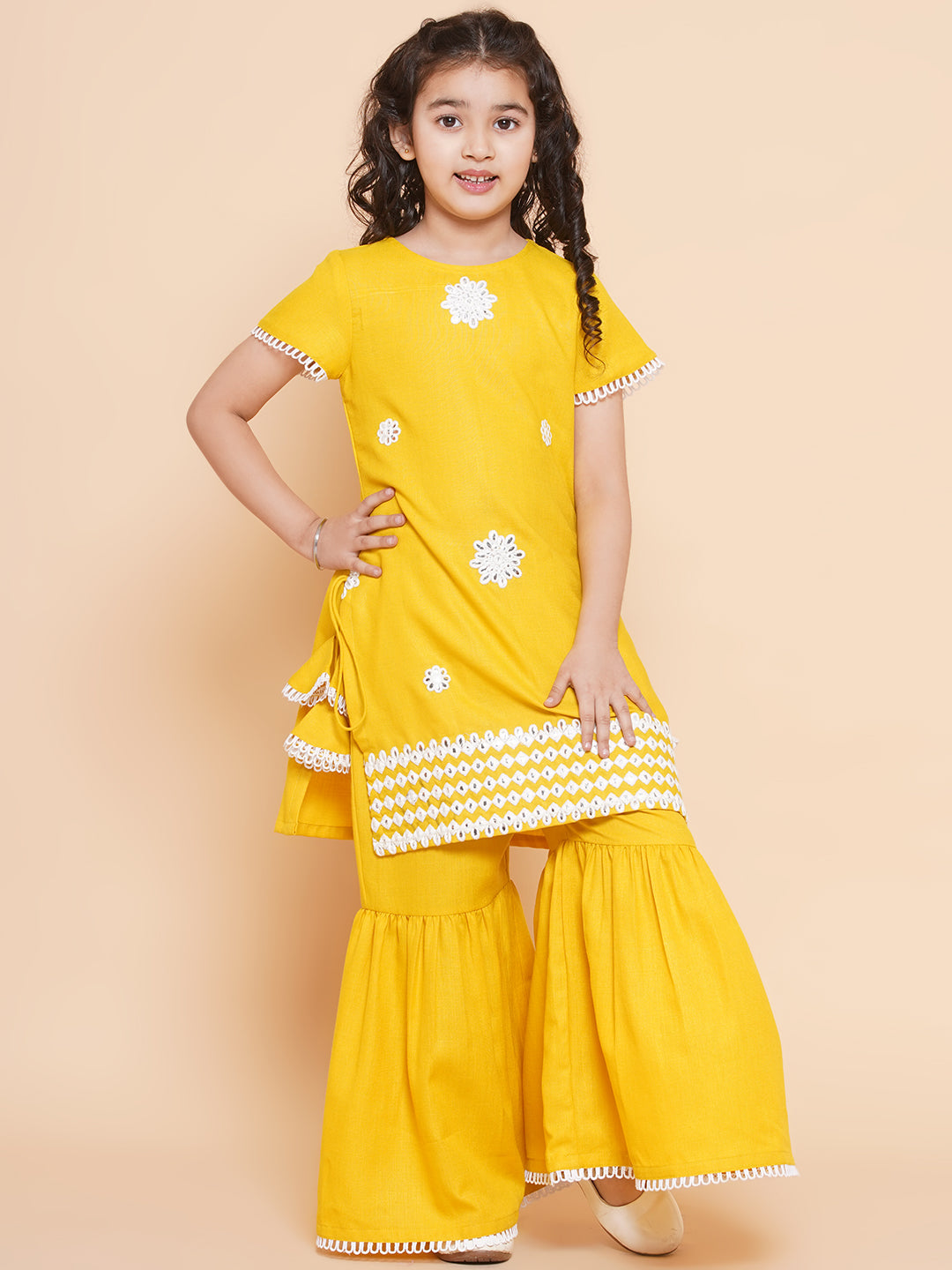 Bitiya By Bhama Girls Yellow Thread Work Embroidered Kurta With Sharara