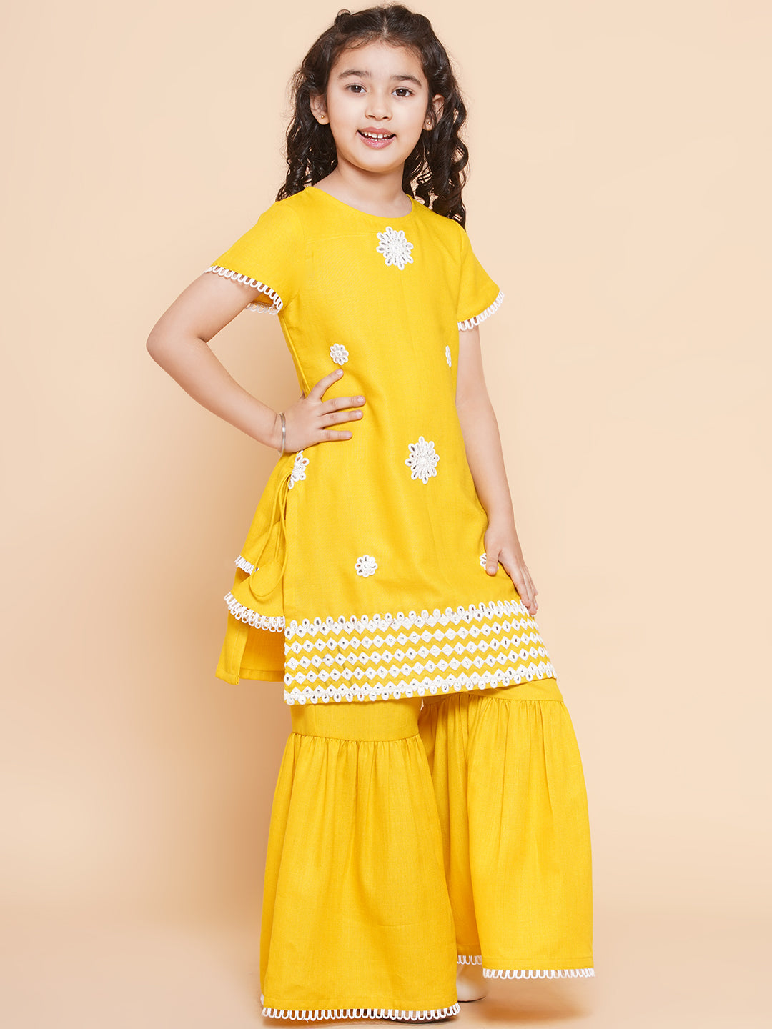 Bitiya By Bhama Girls Yellow Thread Work Embroidered Kurta With Sharara