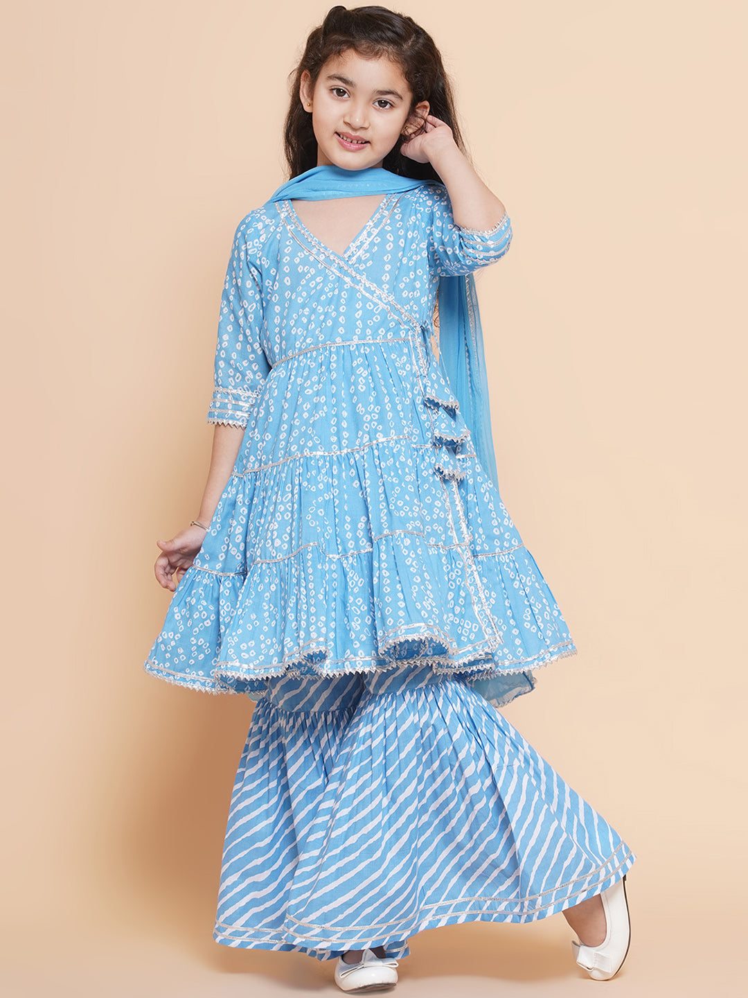 Bitiya by Bhama Girls blue Bandhani  Printed Angrakha Gotta Patti Kurta With Sharara  With Dupatta