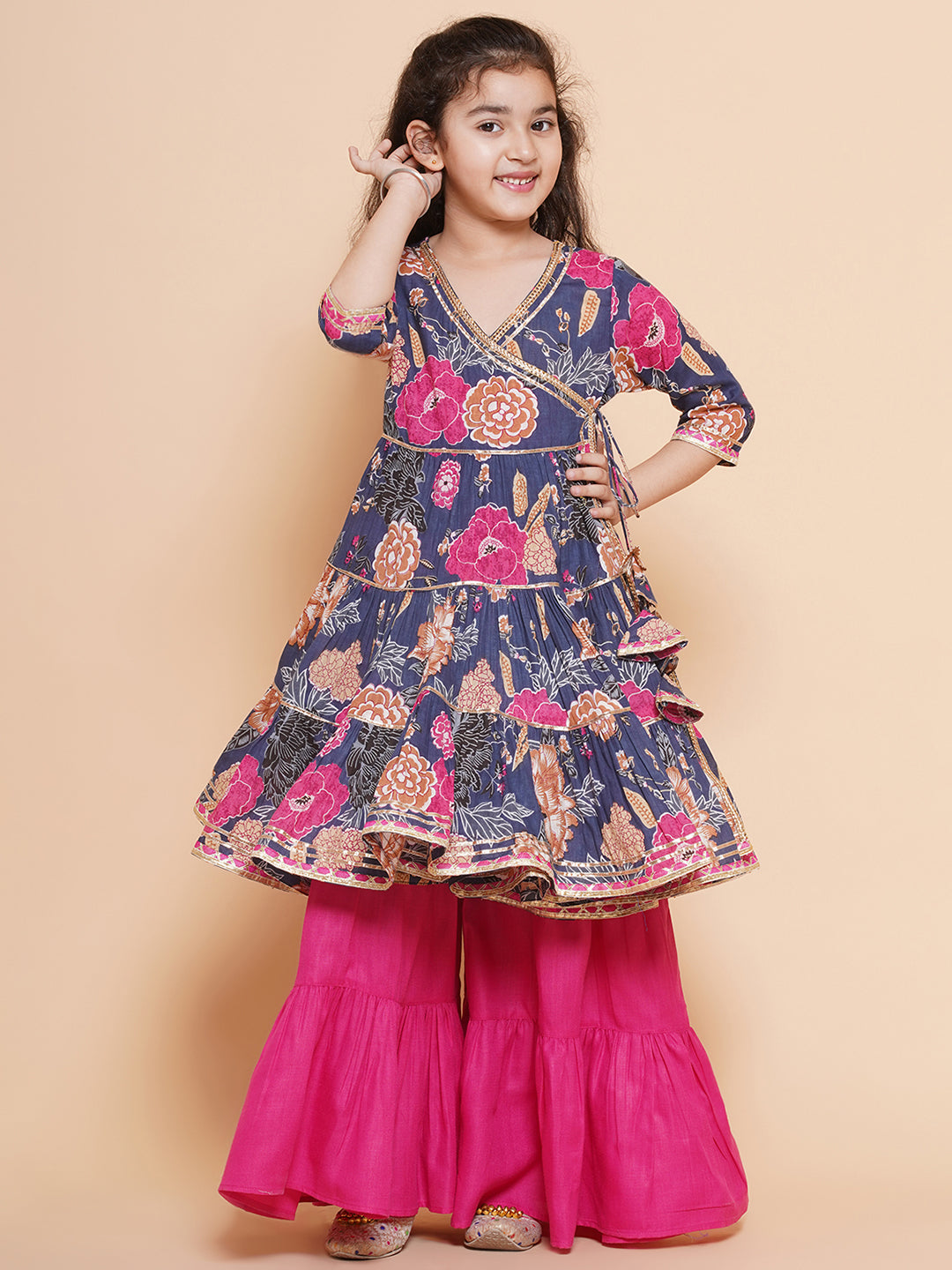 Bitiya by Bhama Girls pink Floral Printed Angrakha Gotta Patti Kurta With Sharara