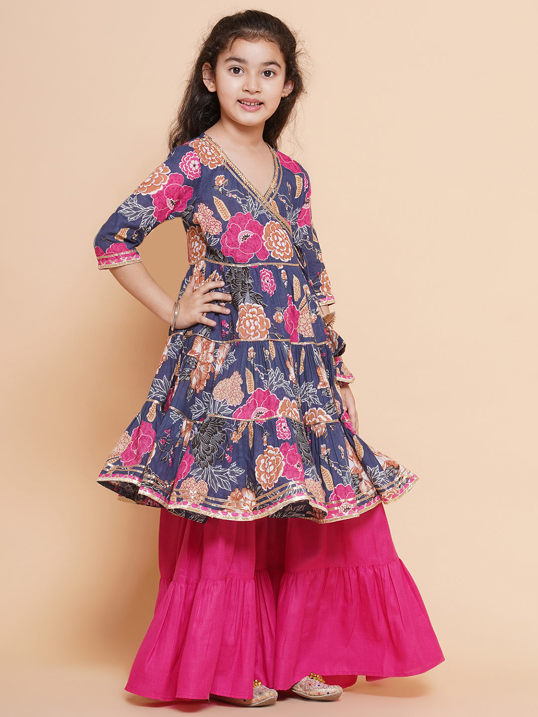 Bitiya by Bhama Girls pink Floral Printed Angrakha Gotta Patti Kurta With Sharara