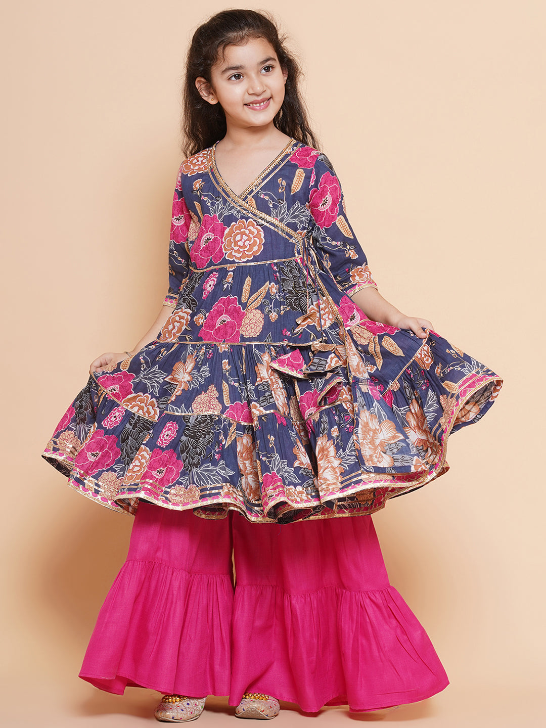 Bitiya by Bhama Girls pink Floral Printed Angrakha Gotta Patti Kurta With Sharara