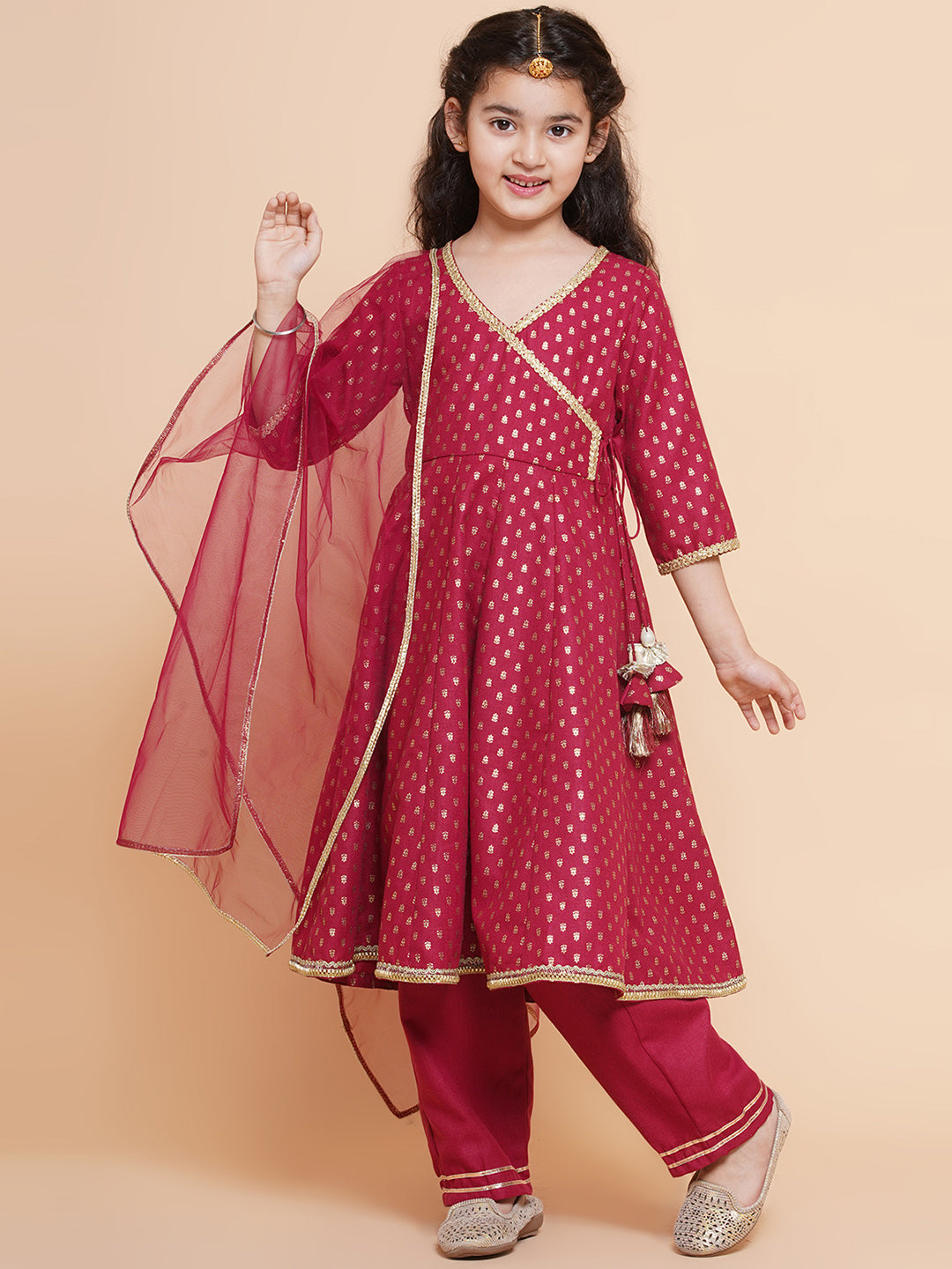 Bitiya By Bhama Girls Maroon Ethnic Motifs Printed Angrakha Cotton Kurta With Trouser & Dupatta