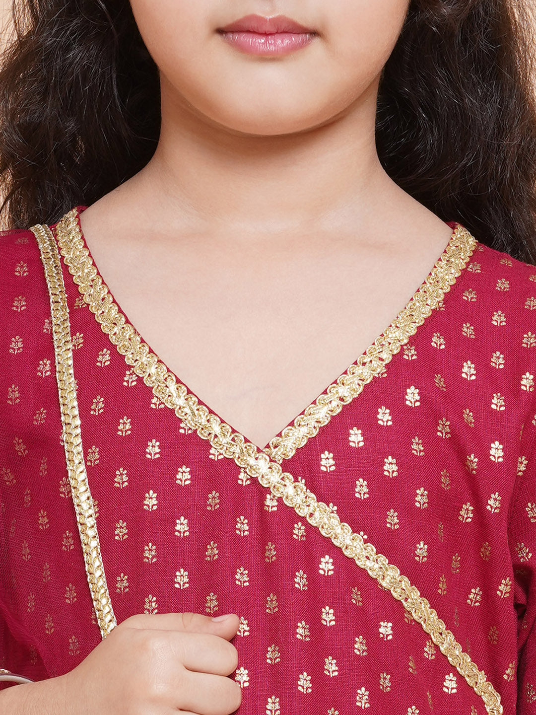 Bitiya By Bhama Girls Maroon Ethnic Motifs Printed Angrakha Cotton Kurta With Trouser & Dupatta
