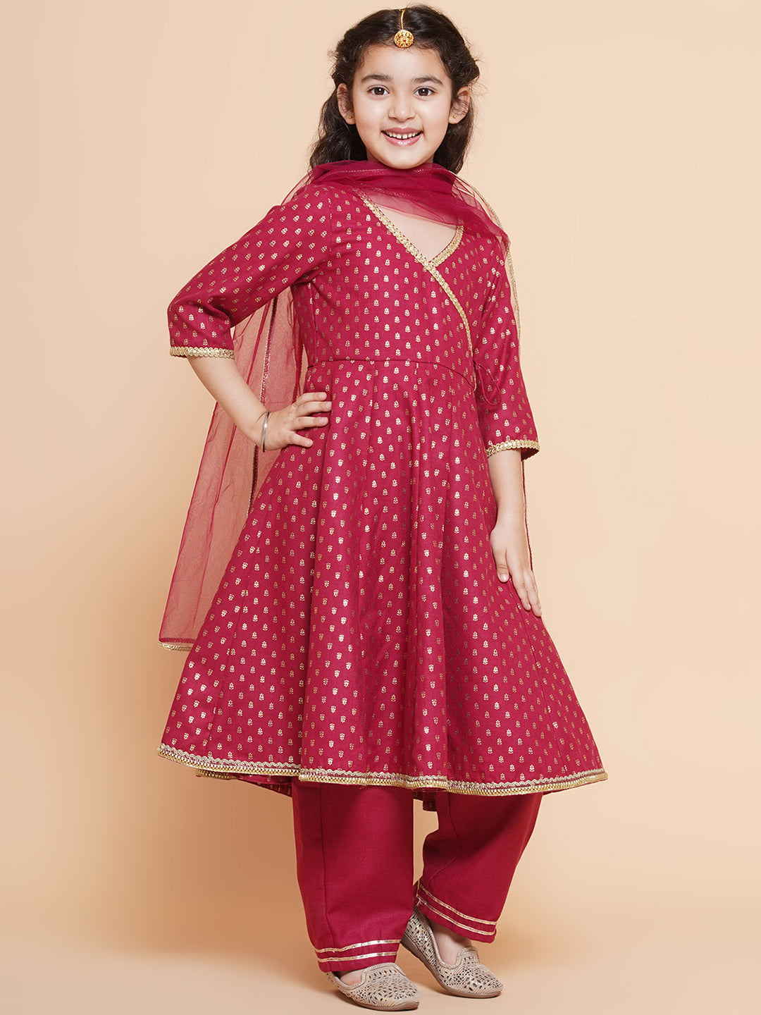 Bitiya By Bhama Girls Maroon Ethnic Motifs Printed Angrakha Cotton Kurta With Trouser & Dupatta
