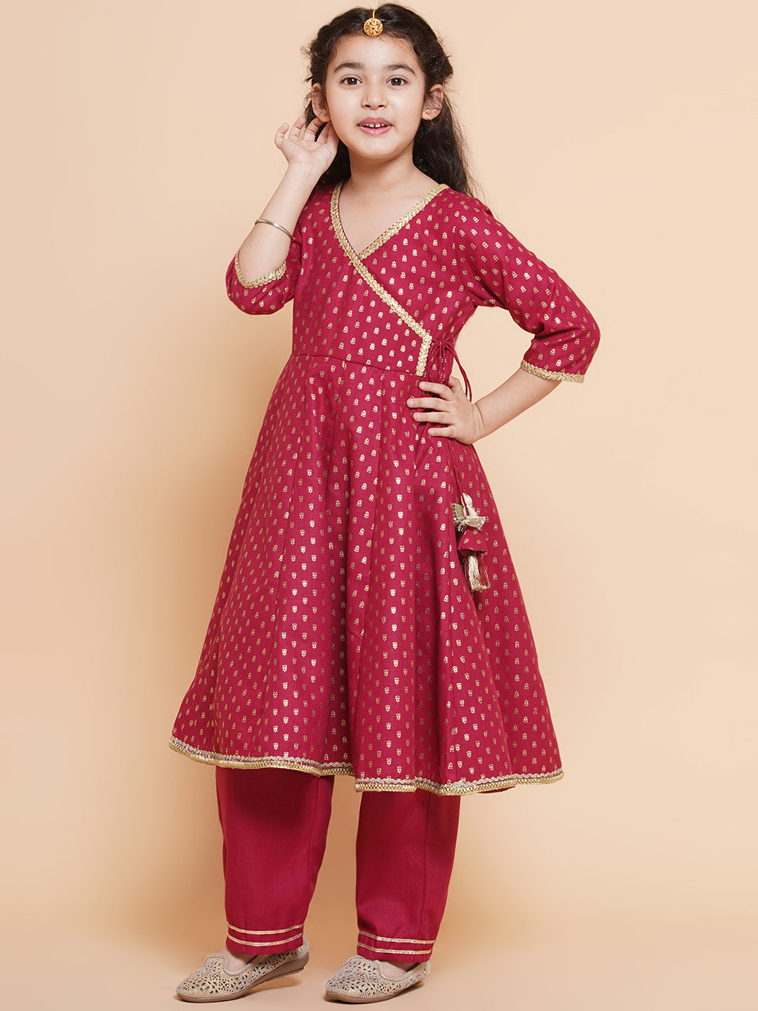 Bitiya By Bhama Girls Maroon Ethnic Motifs Printed Angrakha Cotton Kurta With Trouser & Dupatta