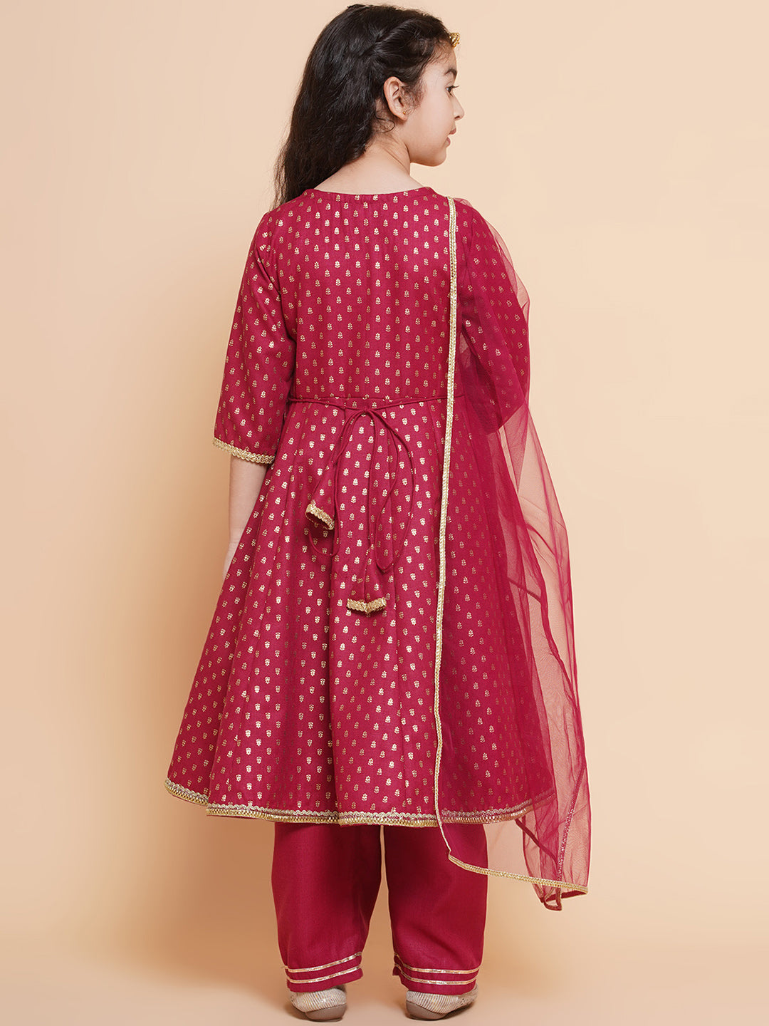 Bitiya By Bhama Girls Maroon Ethnic Motifs Printed Angrakha Cotton Kurta With Trouser & Dupatta