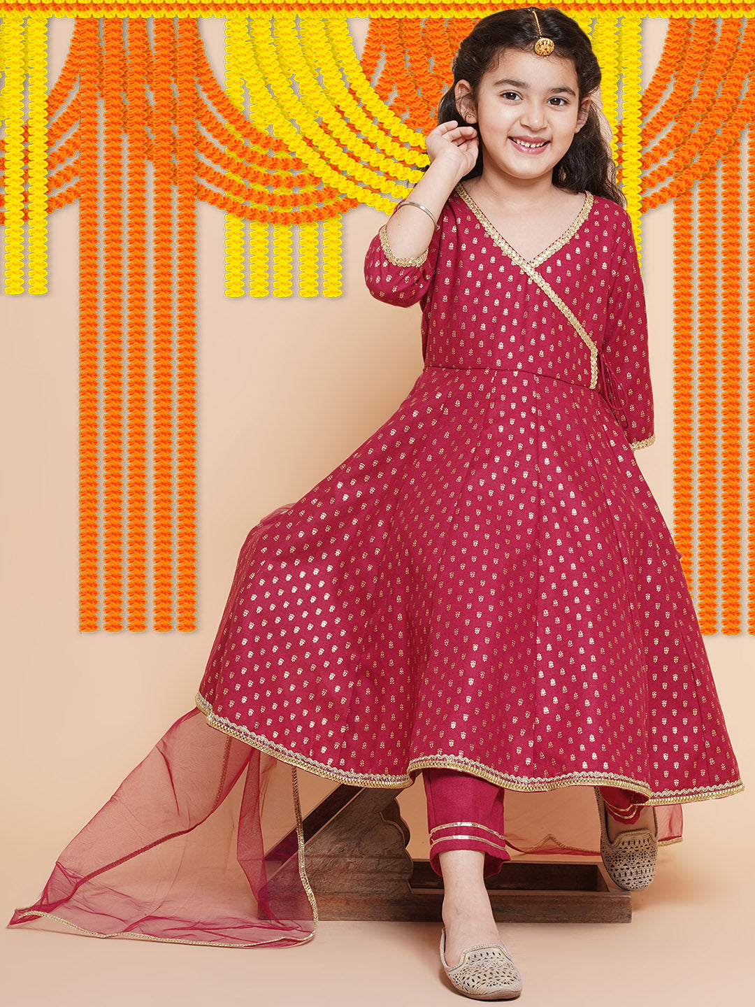 Bitiya By Bhama Girls Maroon Ethnic Motifs Printed Angrakha Cotton Kurta With Trouser & Dupatta