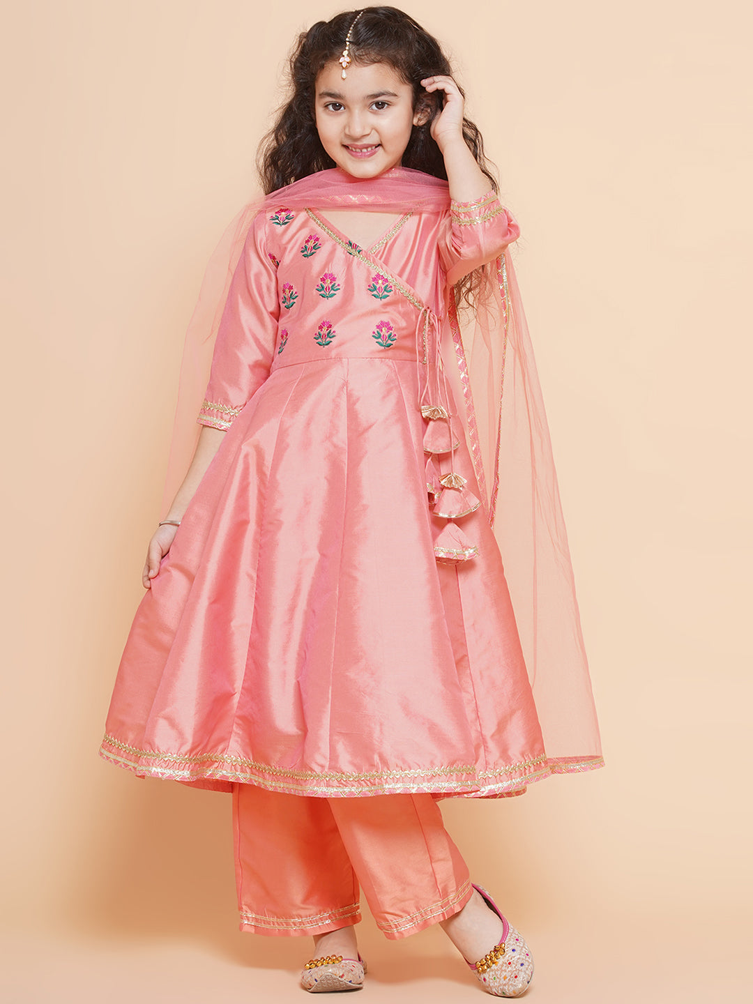 Bitiya by Bhama Girls Embroidered Angrakha Kurta with Trousers & Dupatta