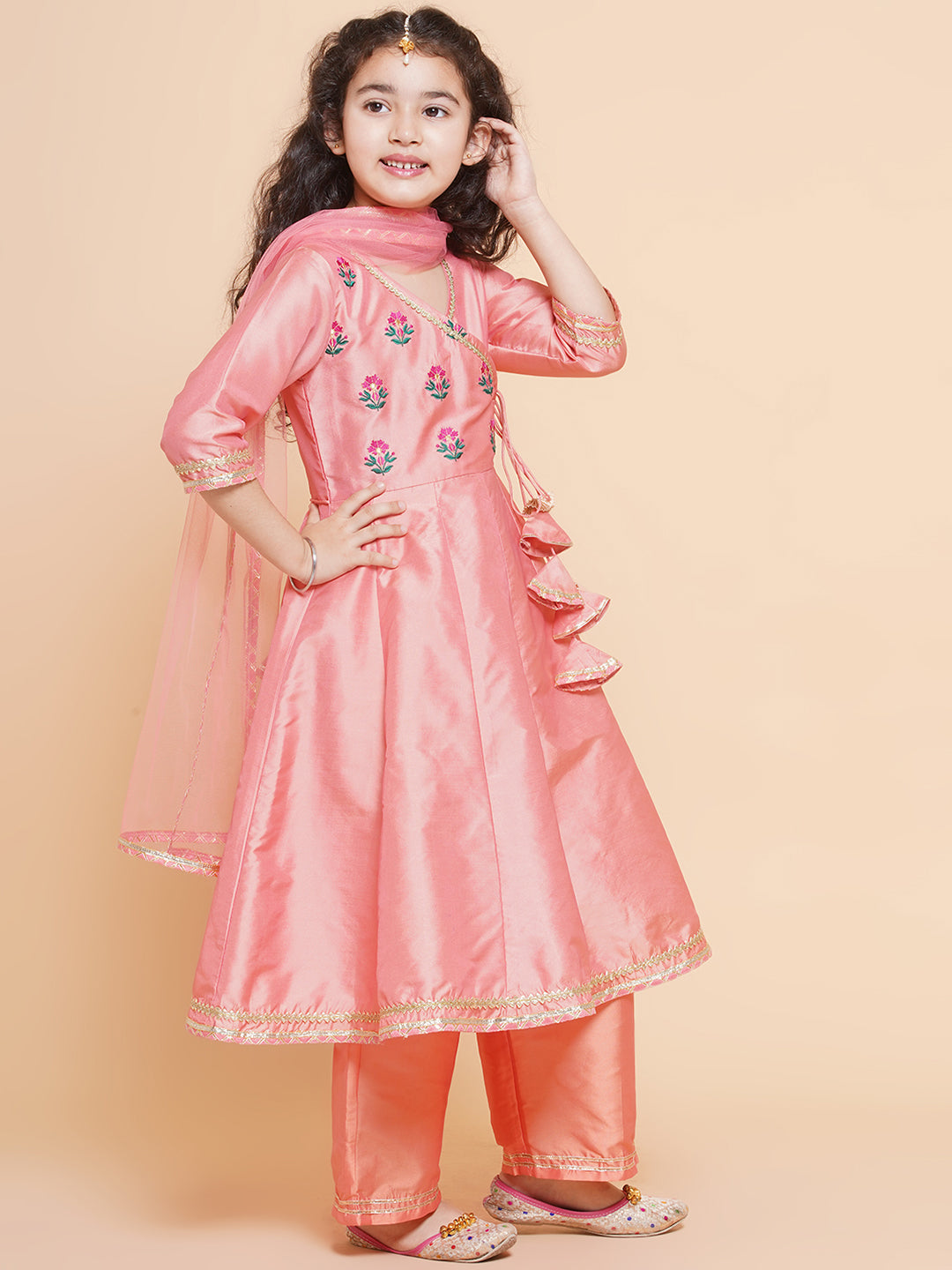 Bitiya by Bhama Girls Embroidered Angrakha Kurta with Trousers & Dupatta