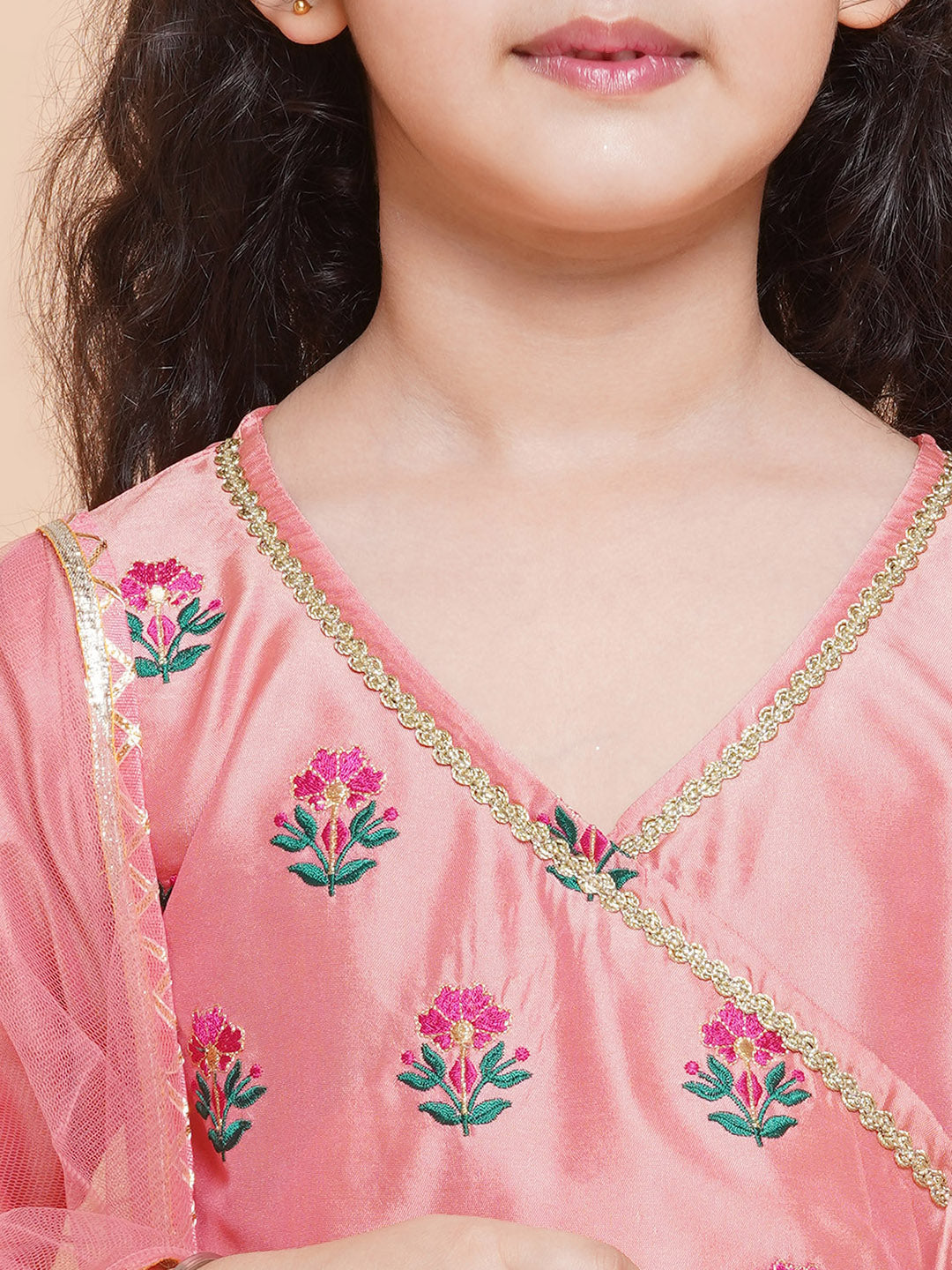 Bitiya by Bhama Girls Embroidered Angrakha Kurta with Trousers & Dupatta