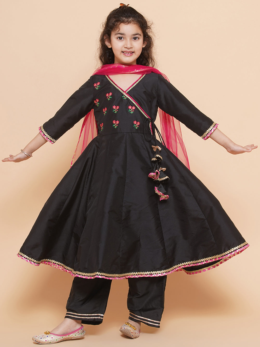 Bitiya by Bhama Girls Embroidered Angrakha Kurta with Trousers & Dupatta