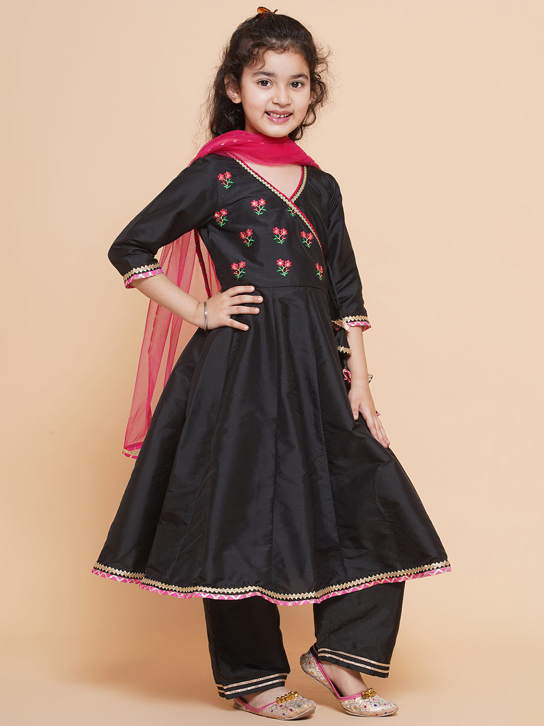 Bitiya by Bhama Girls Embroidered Angrakha Kurta with Trousers & Dupatta