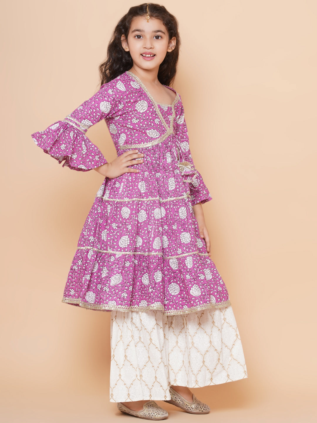 Bitiya by Bhama Girls Purple Printed Kurta with Sharara