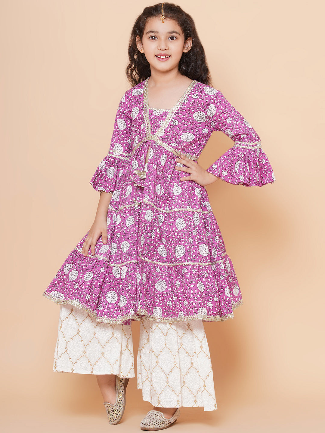 Bitiya by Bhama Girls Purple Printed Kurta with Sharara