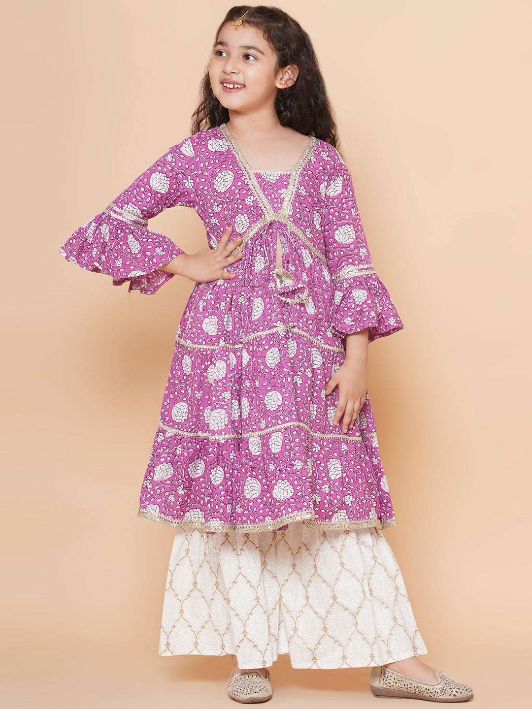 Bitiya by Bhama Girls Purple Printed Kurta with Sharara