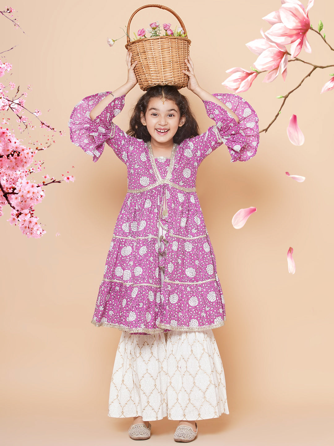 Bitiya by Bhama Girls Purple Printed Kurta with Sharara