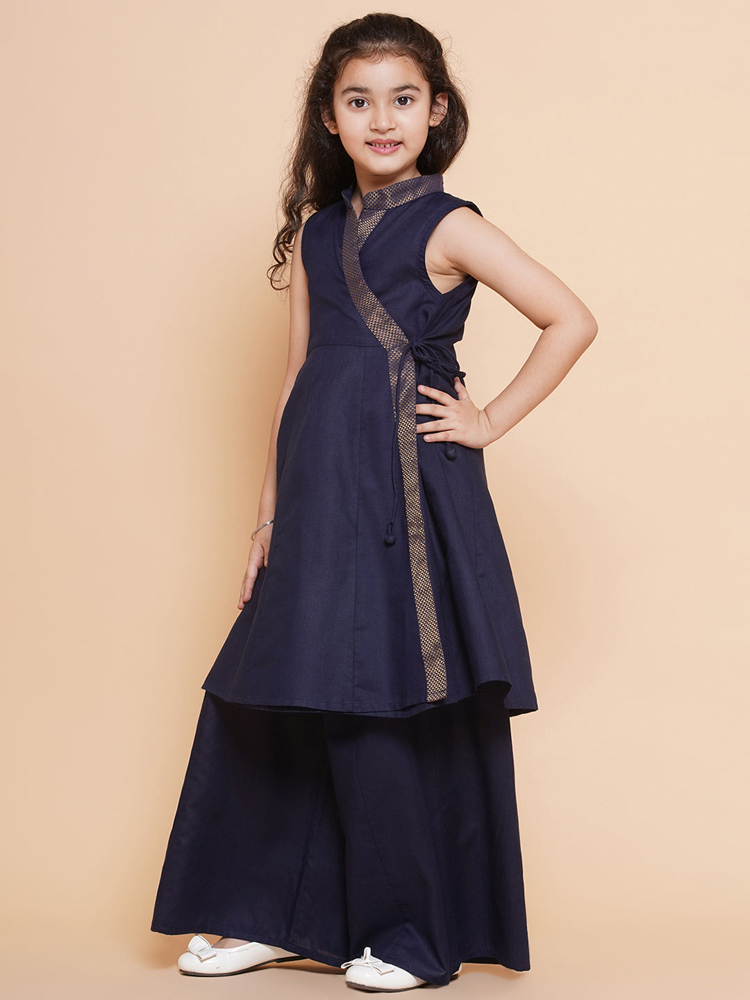 Bitiya by Bhama Girls Navy Blue Angrakha Kurta with Palazzos