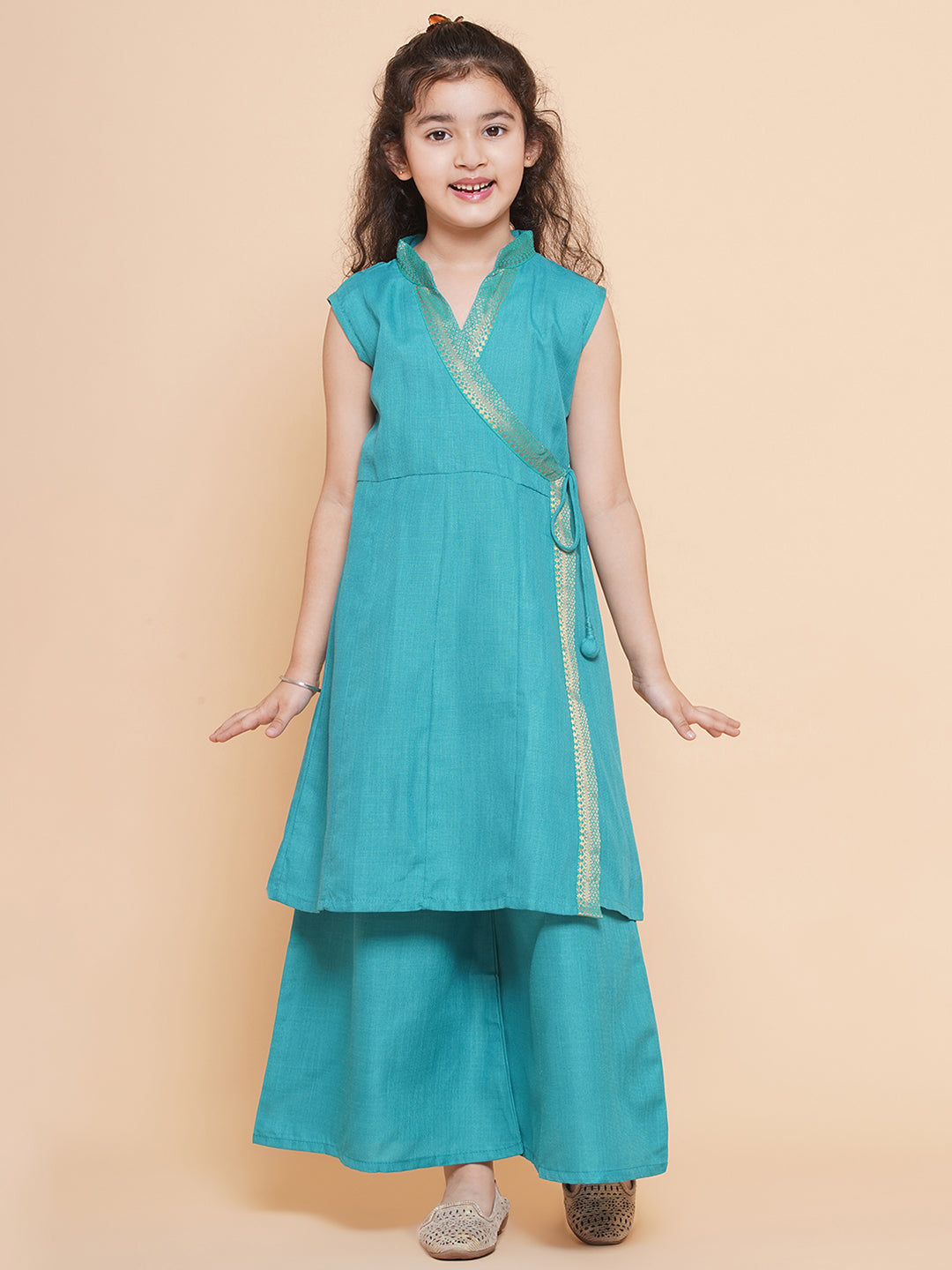Bitiya by Bhama Girls Sea  Green  Angrakha Kurta With Palazzos