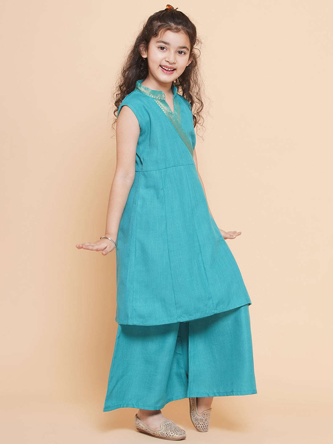 Bitiya by Bhama Girls Sea  Green  Angrakha Kurta With Palazzos