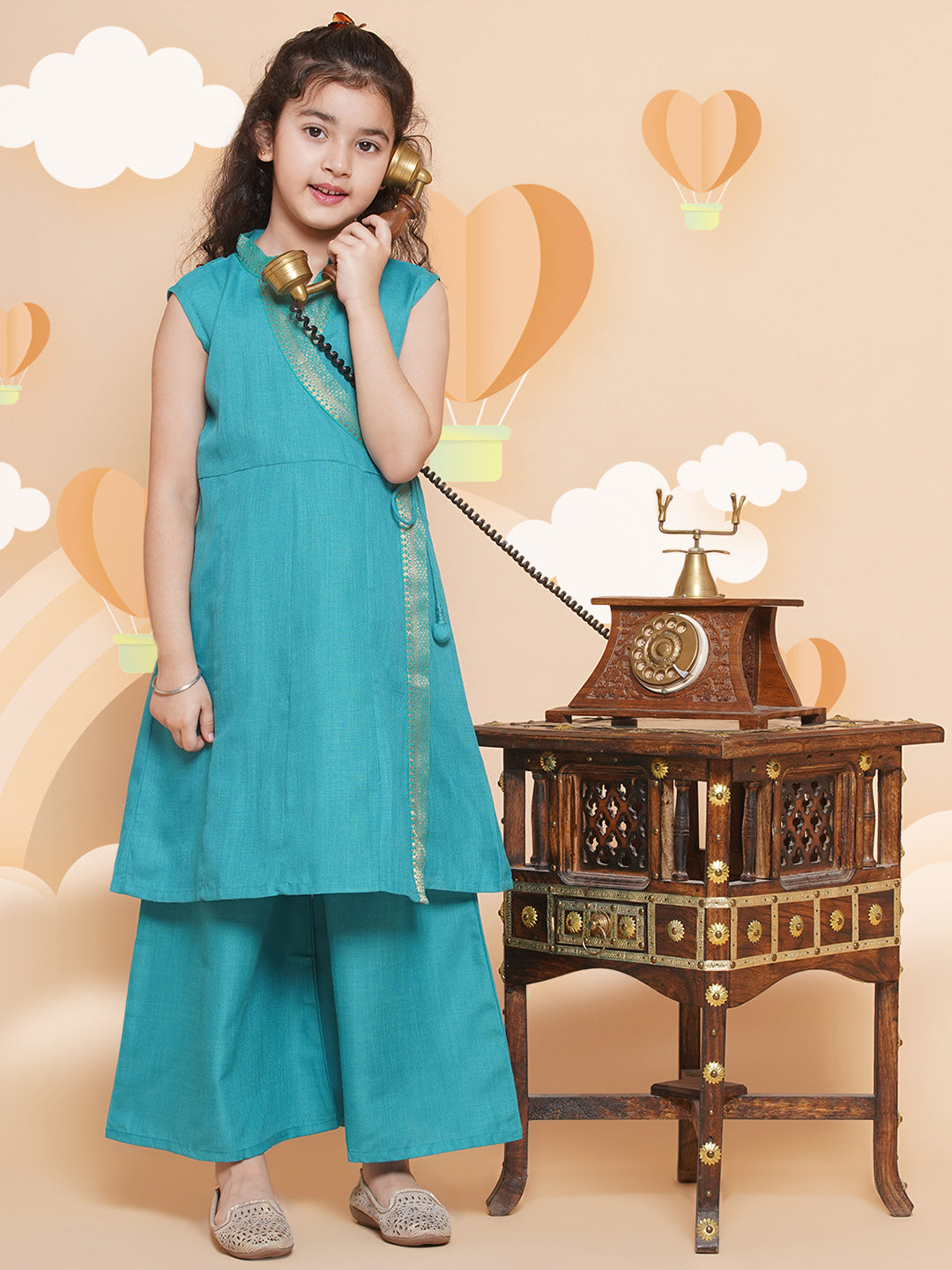 Bitiya by Bhama Girls Sea  Green  Angrakha Kurta With Palazzos