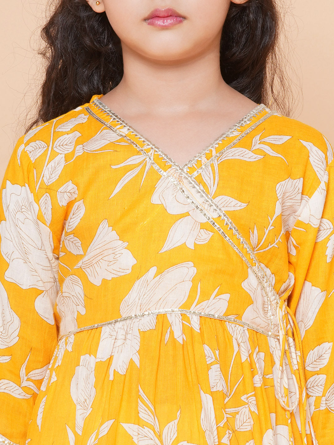Bitiya by Bhama Girls Yellow Floral Printed Angrakha Gotta Patti Kurta With Sharara