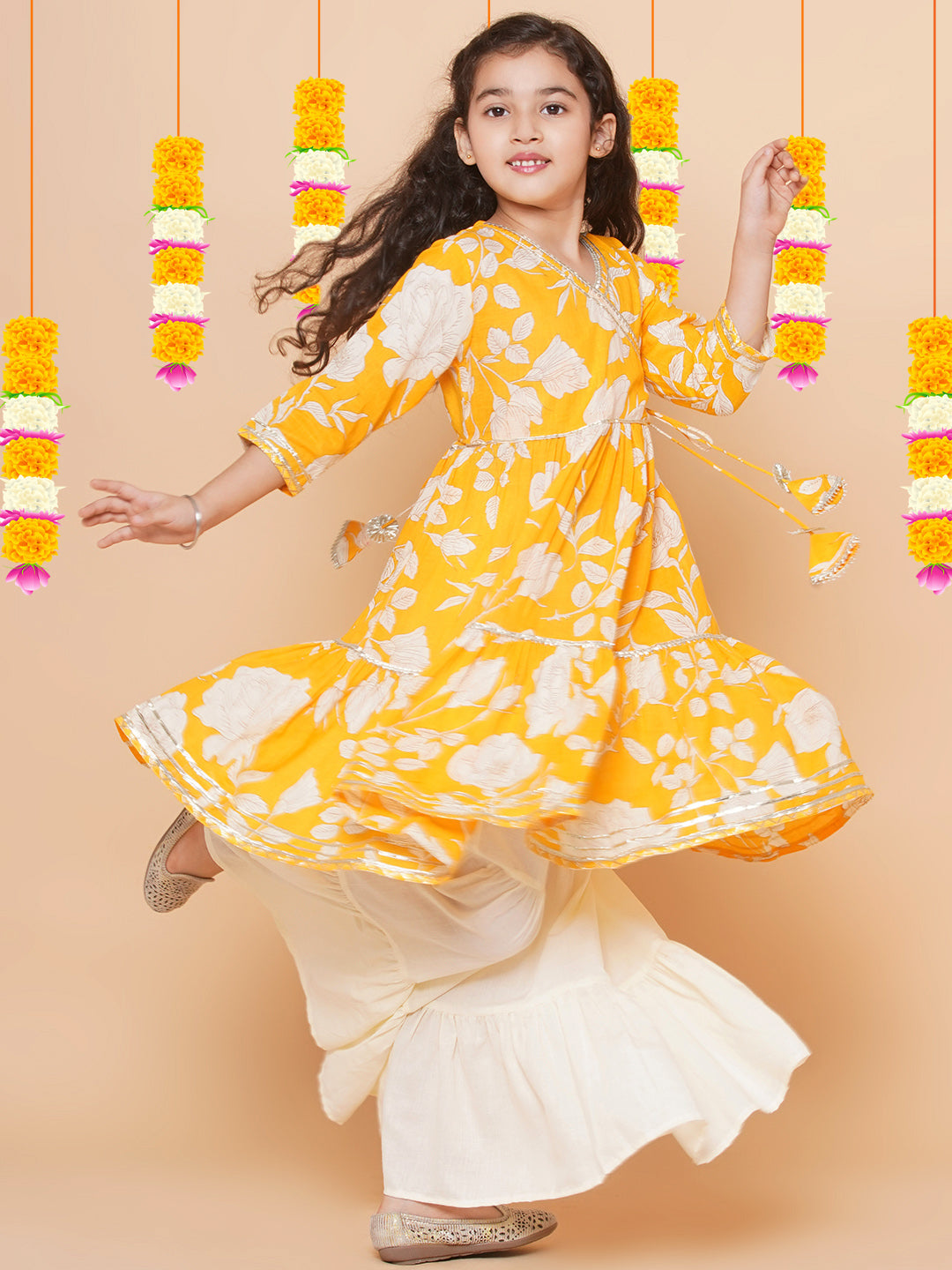 Bitiya by Bhama Girls Yellow Floral Printed Angrakha Gotta Patti Kurta With Sharara