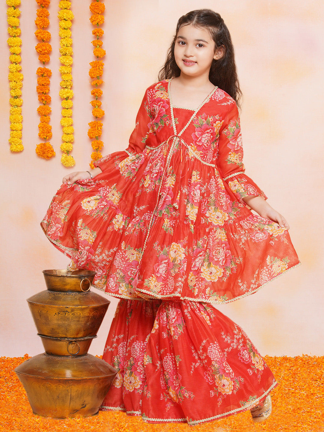 Bitiya by Bhama Girls Red Printed V- Neck Kurta with Sharara