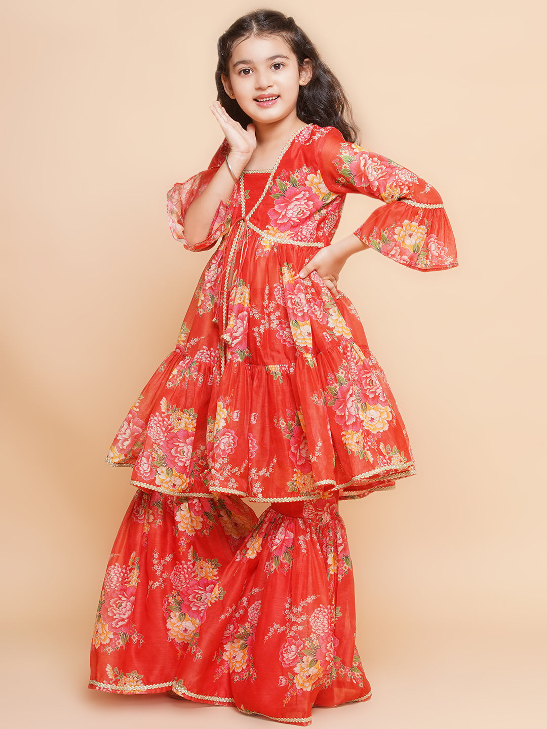 Bitiya by Bhama Girls Red Printed V- Neck Kurta with Sharara
