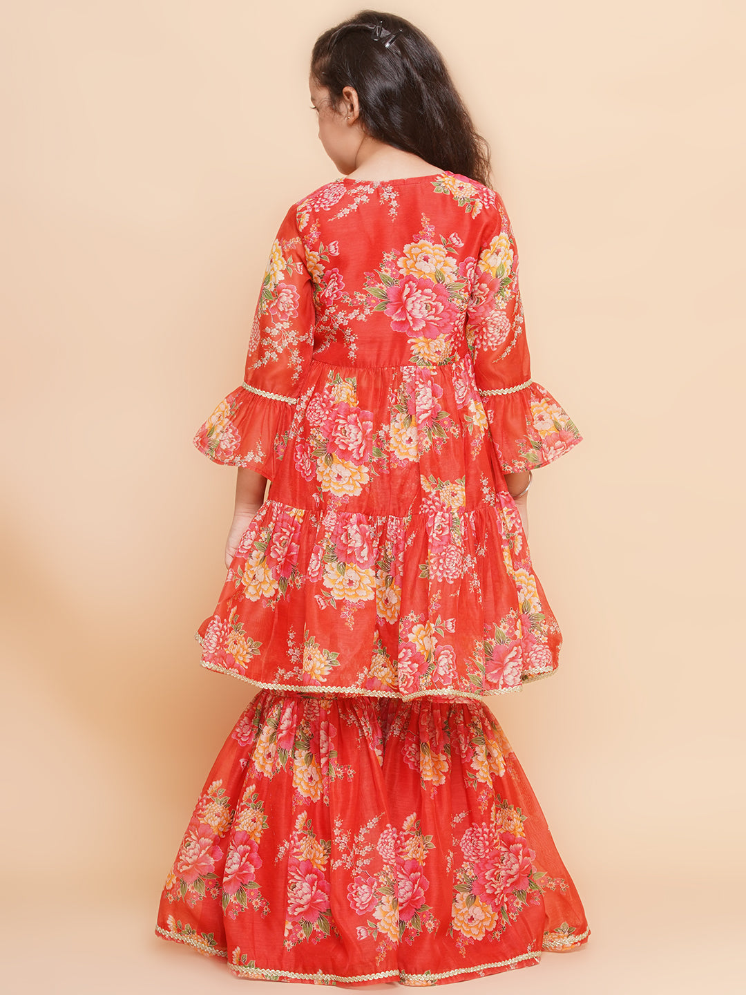 Bitiya by Bhama Girls Red Printed V- Neck Kurta with Sharara