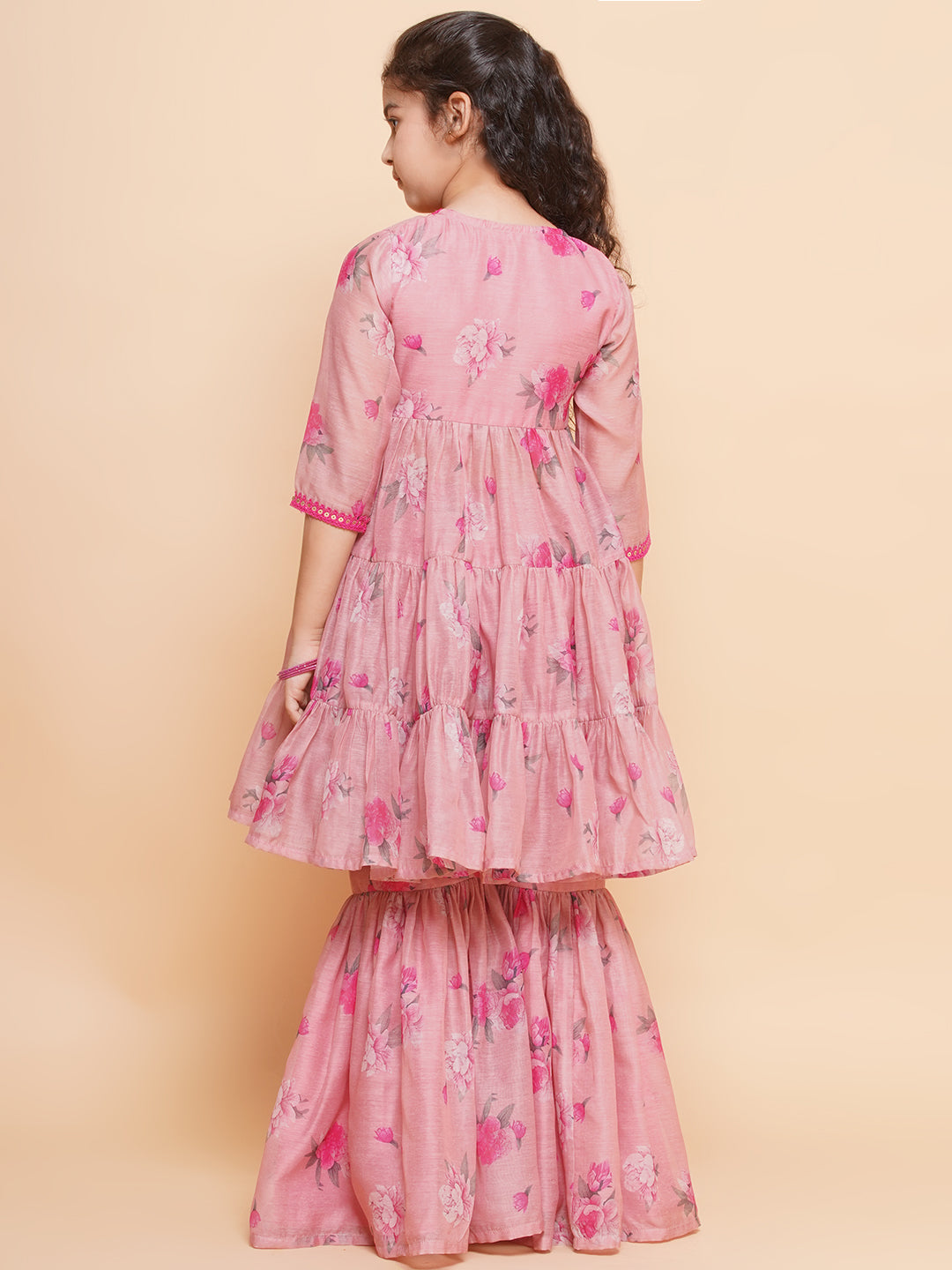 Bitiya by Bhama Girls Pink Printed Angrakha Kurta with Sharara