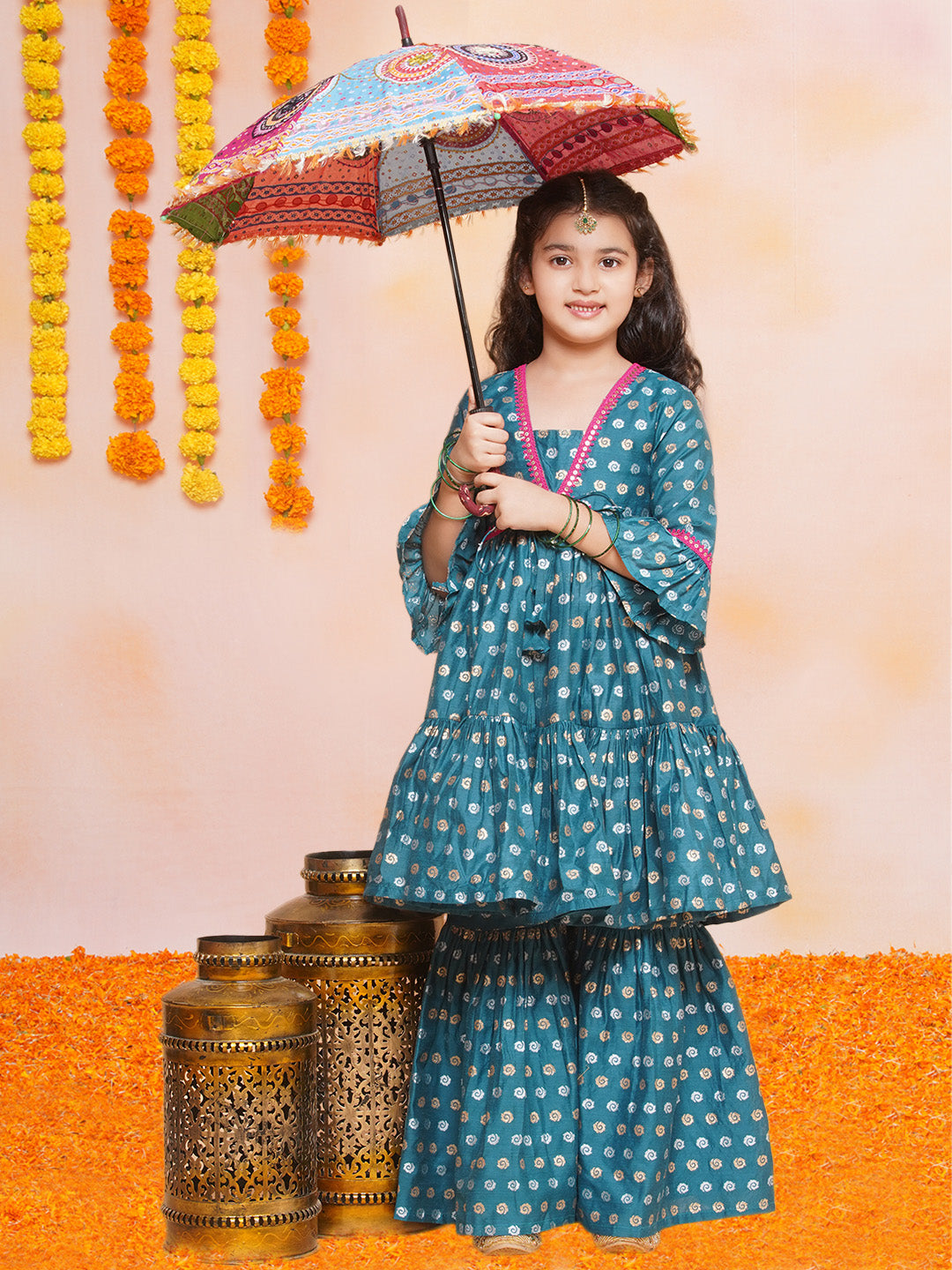 Bitiya by Bhama Girls Teal Blue Printed V-Neck Kurta with Sharara