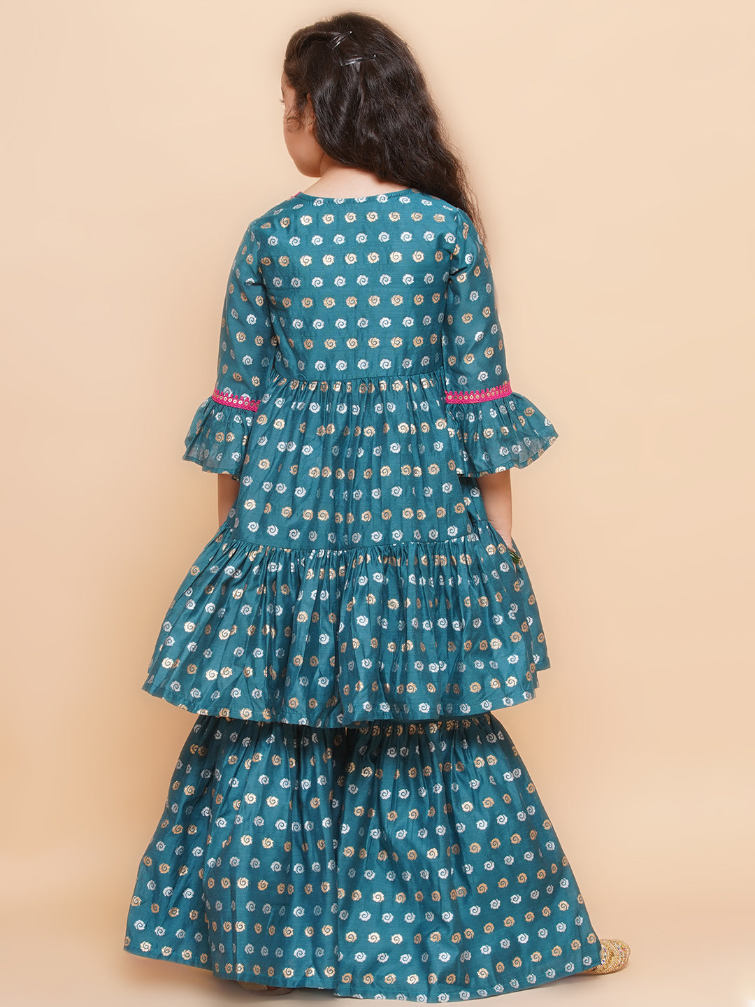 Bitiya by Bhama Girls Teal Blue Printed V-Neck Kurta with Sharara