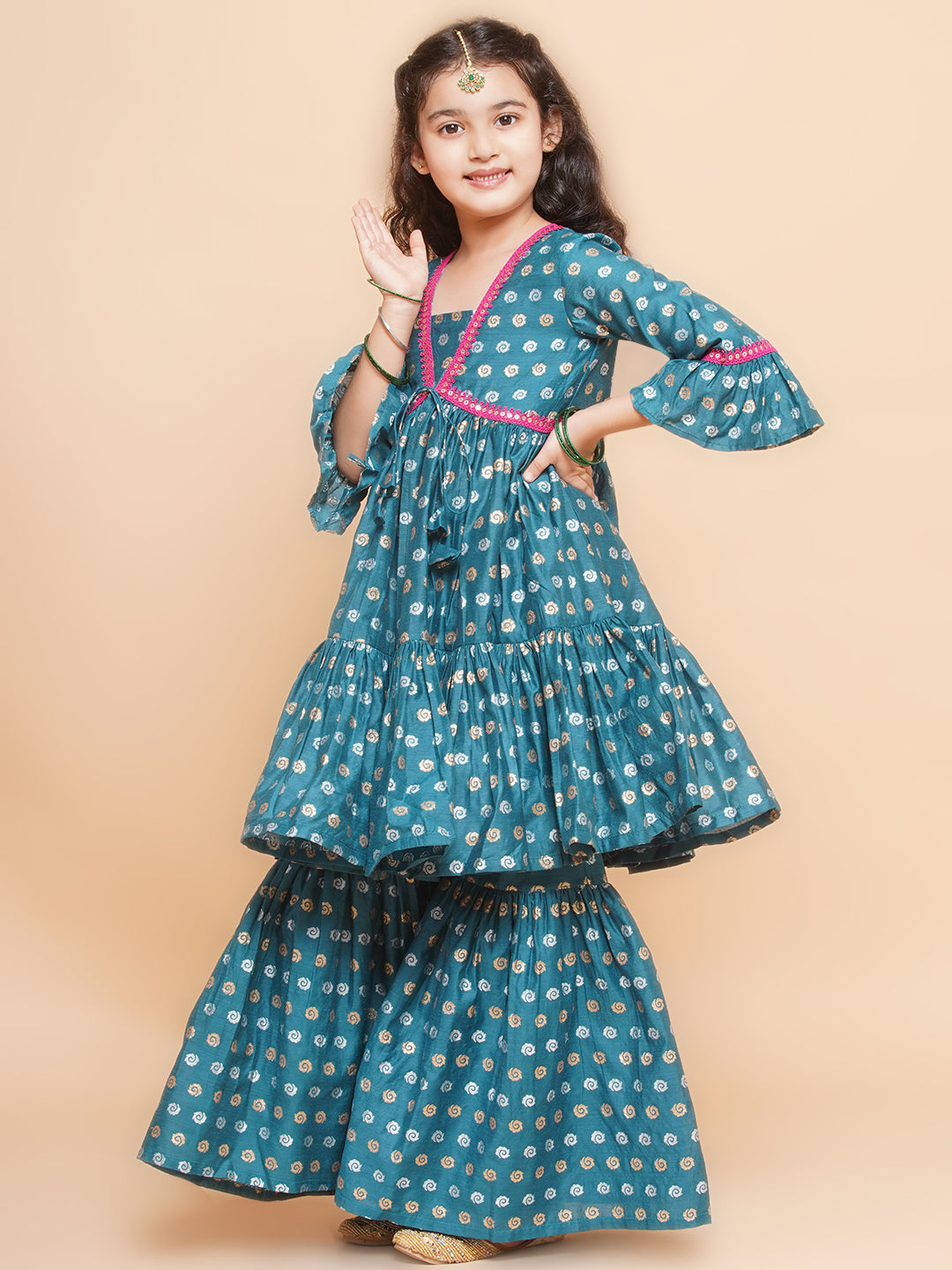 Bitiya by Bhama Girls Teal Blue Printed V-Neck Kurta with Sharara